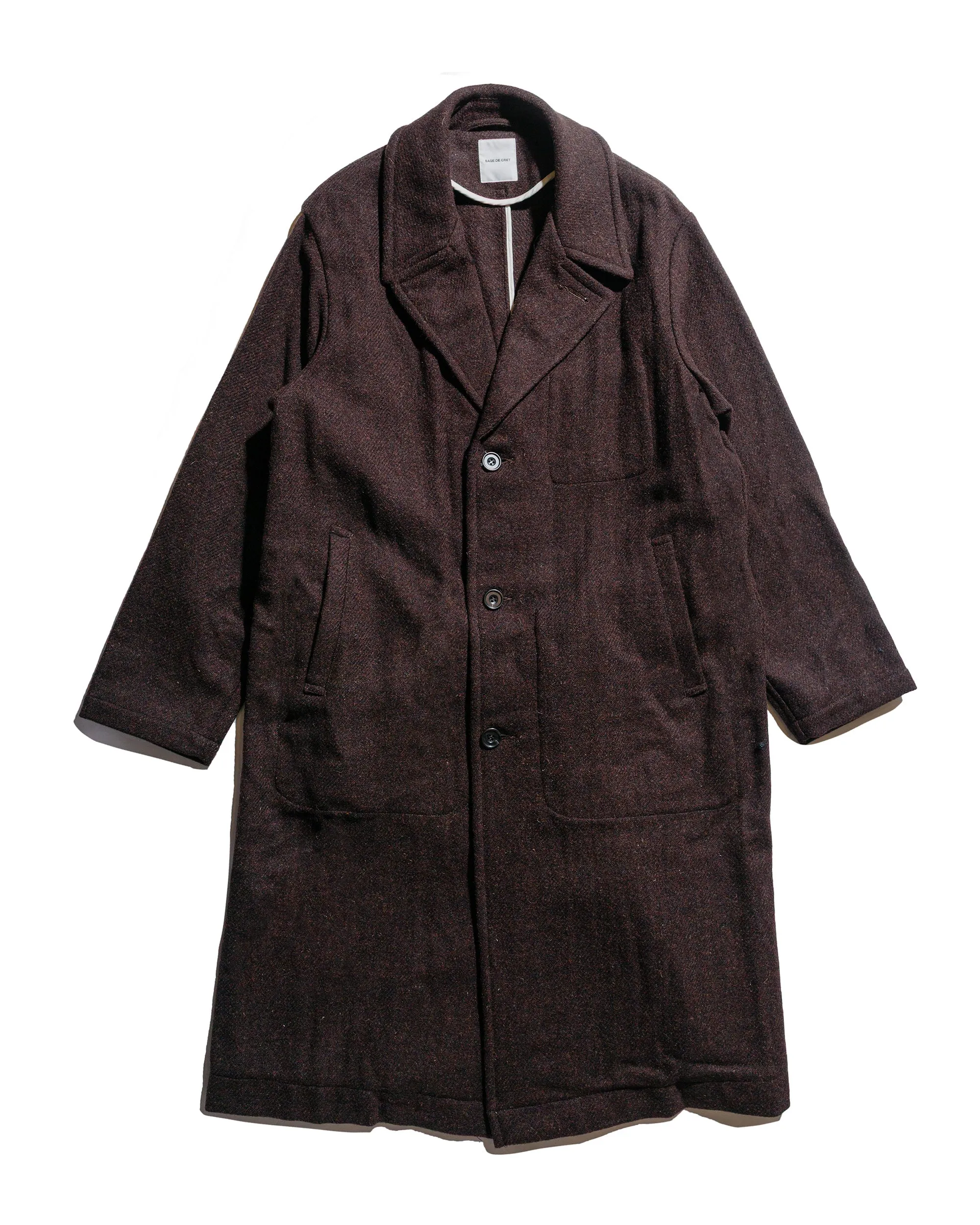 Sage de Cret Harris Tweed Ulster Collar Long Coat Dark Brown sold by Lost & Found