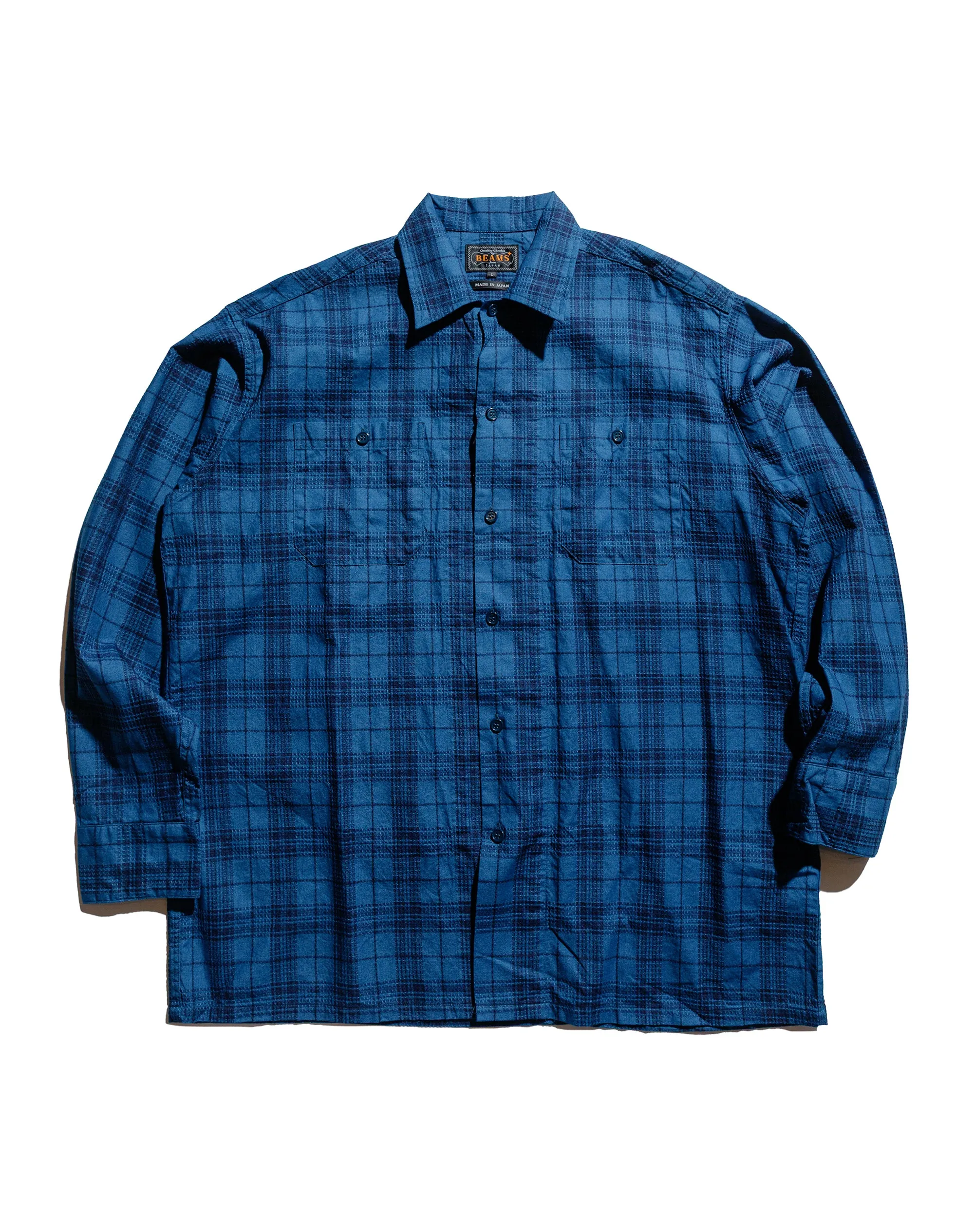 Beams Plus MIL Open Collar Indigo Dobby Plaid Wide Plaid sold by Lost & Found