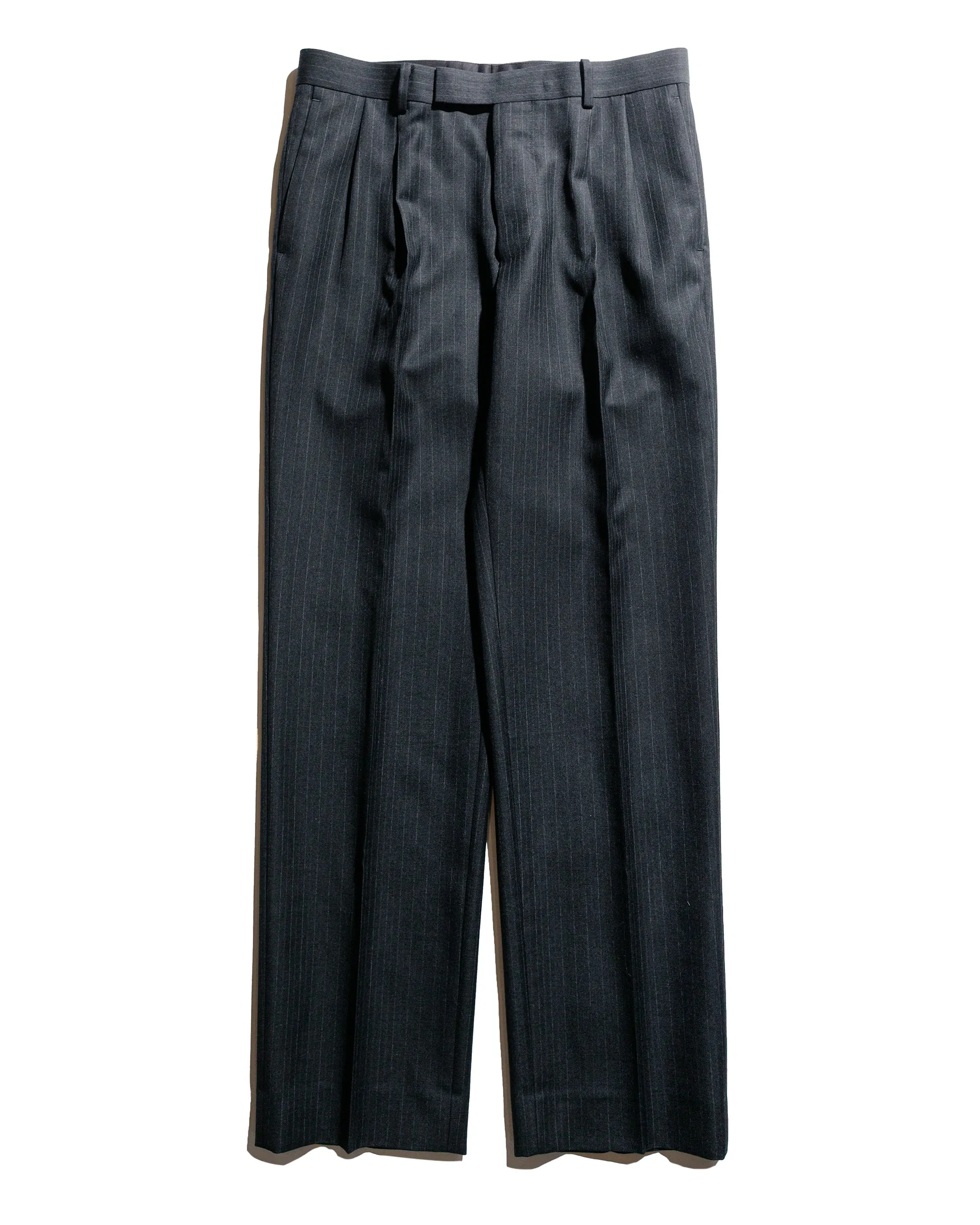 Auralee Bluefaced Wool Two-Tuck Slacks Charcoal Navy Stripe sold by Lost & Found