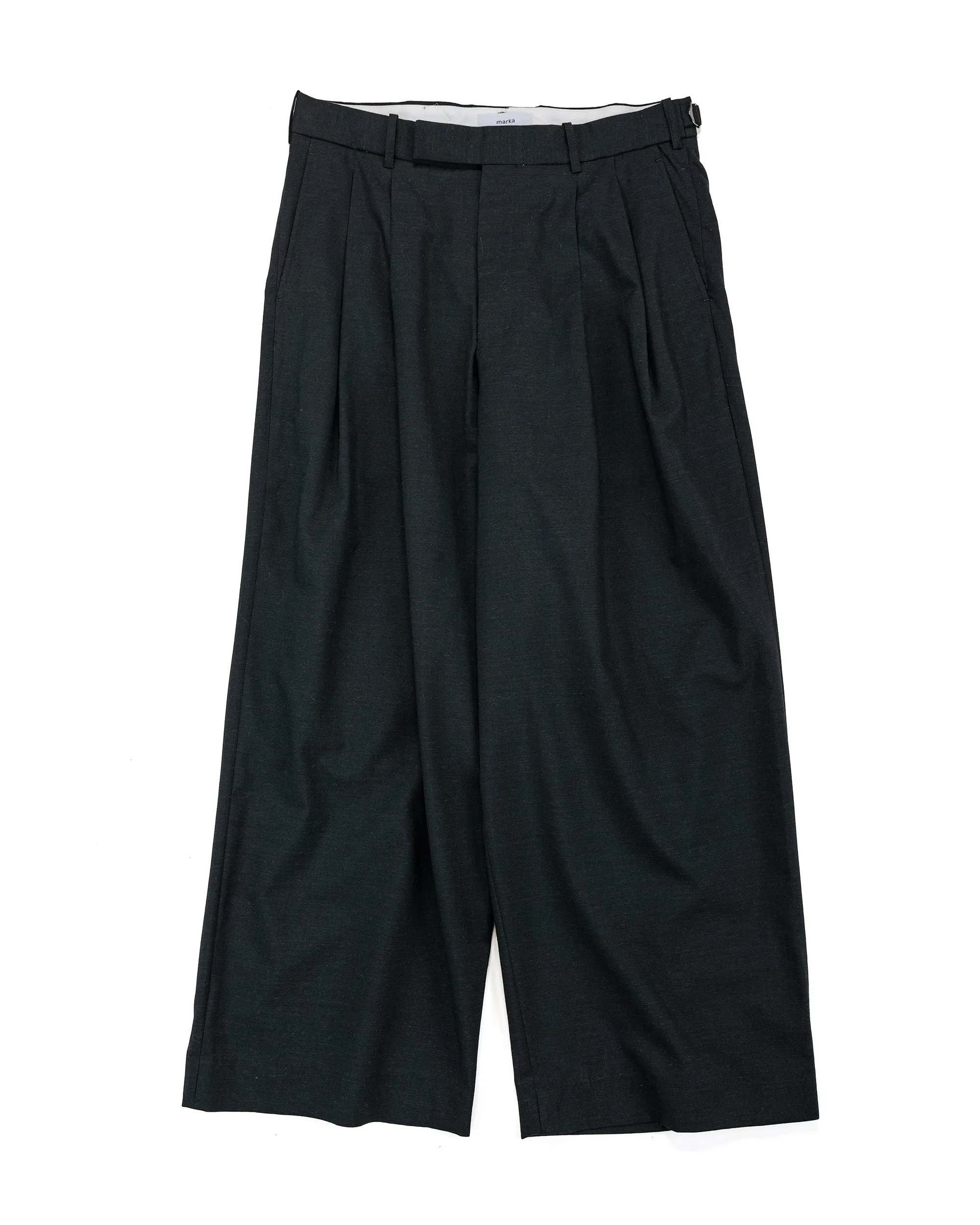 marka Two Tuck Baggy Trousers 2/72 Wool Tropical Washer Chambray Black sold by Lost & Found