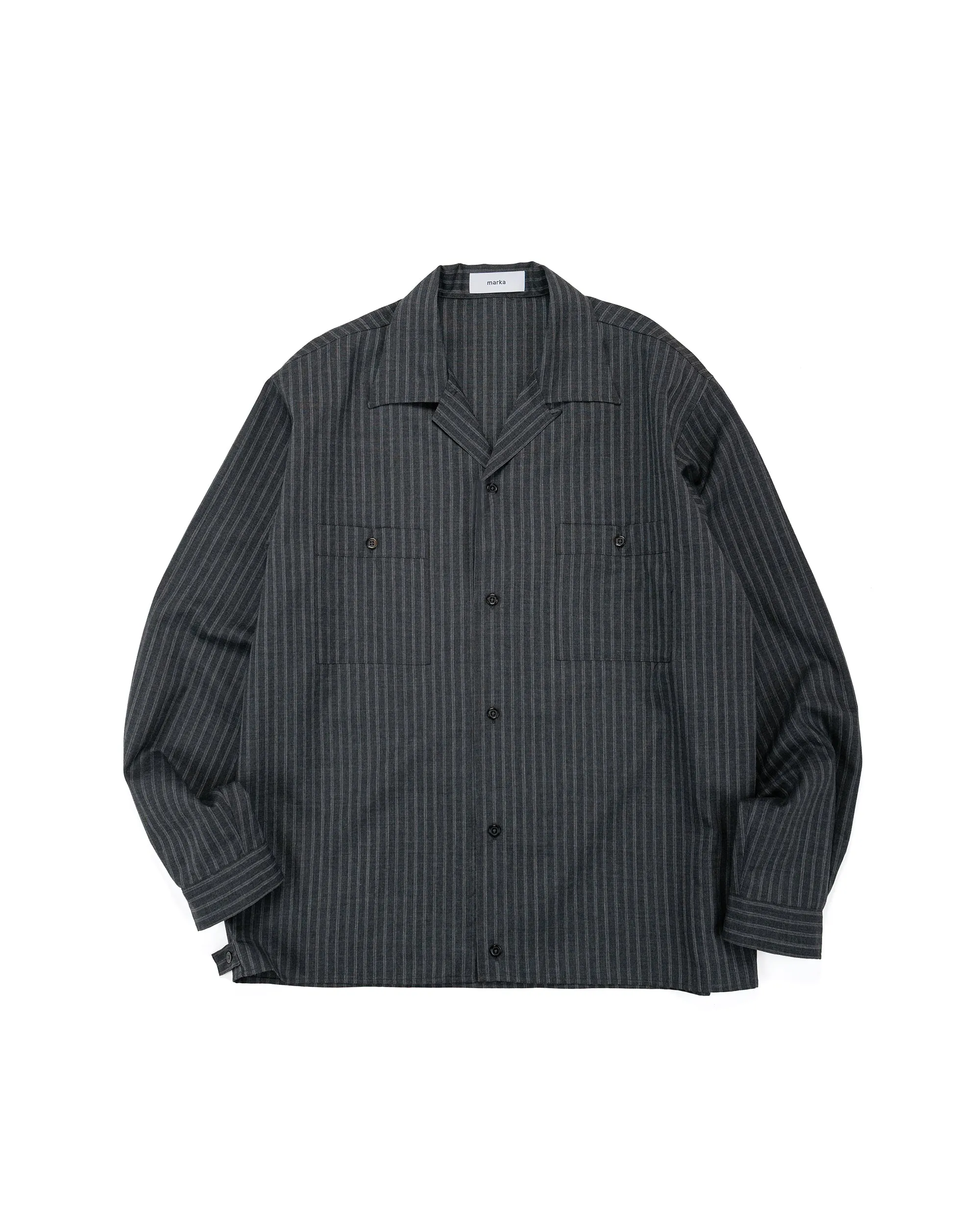 marka Double Pocket Open Collar Shirt 2/72 Wool Tropical Washer Gray Stripe sold by Lost & Found
