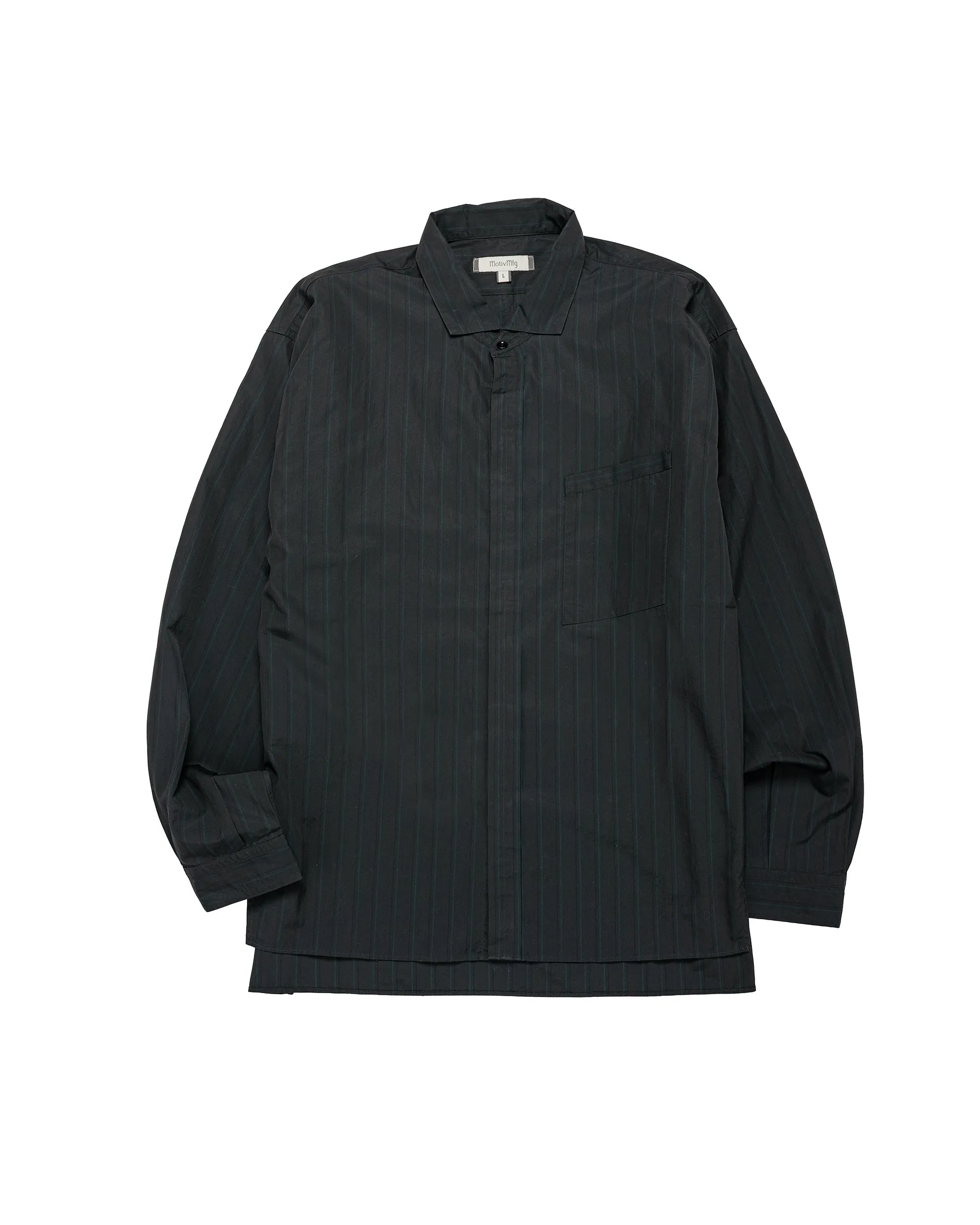 MotivMfg Shura Shirt Fine Cotton Poplin/Black Striped sold by Lost & Found