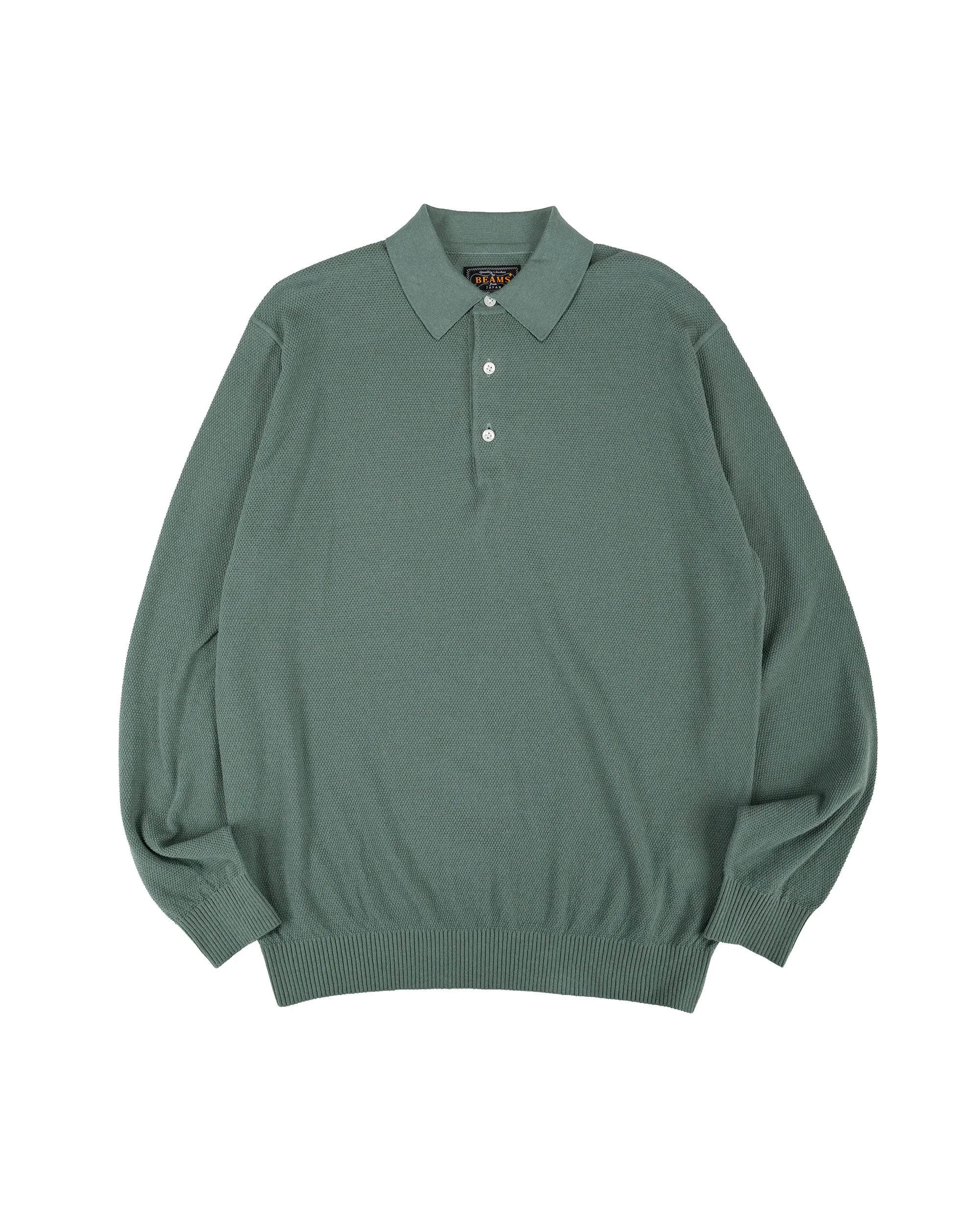 Beams Plus Pique Polo 14G L/S Olive sold by Lost & Found