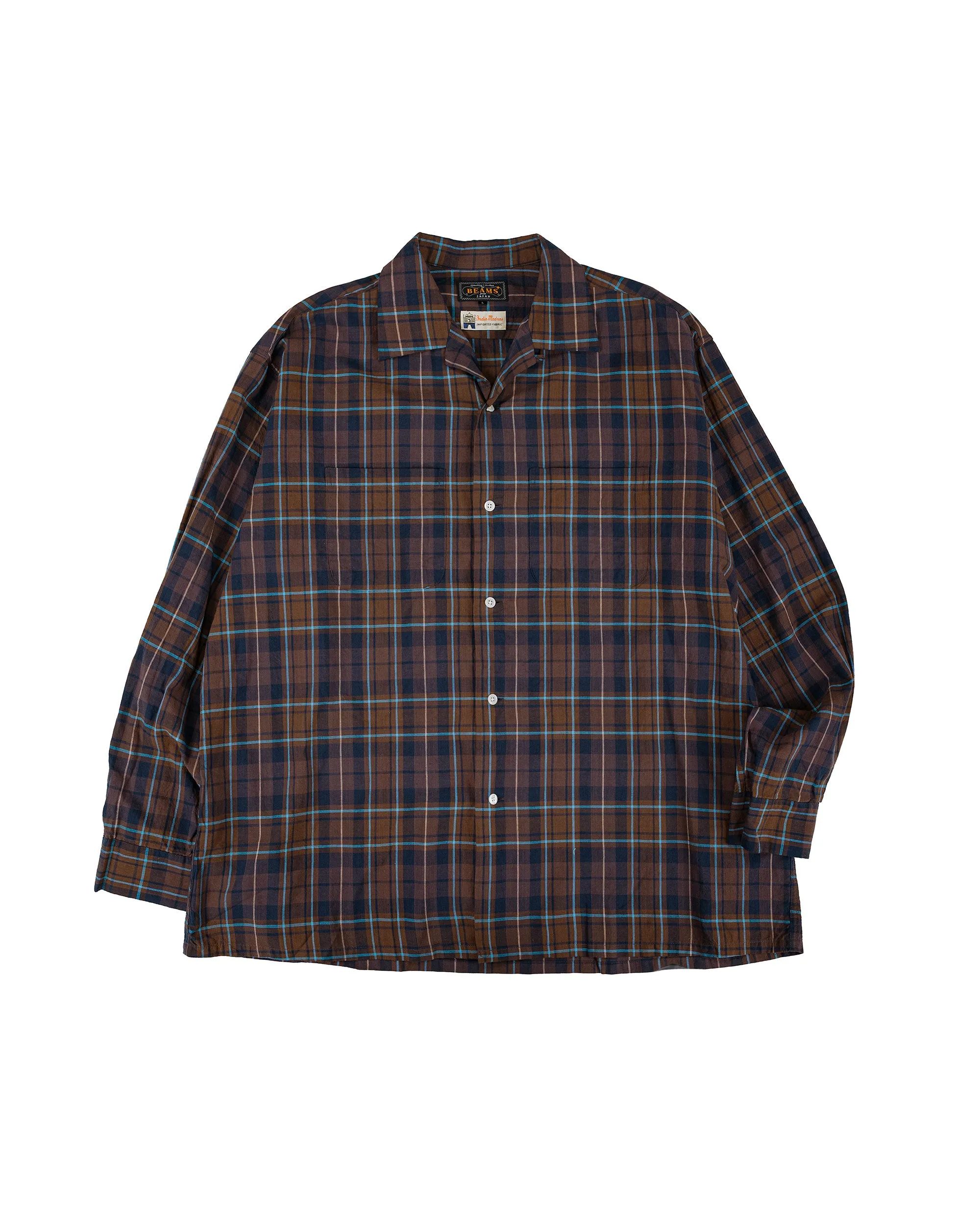 Beams Plus Open Collar Madras Brown sold by Lost & Found