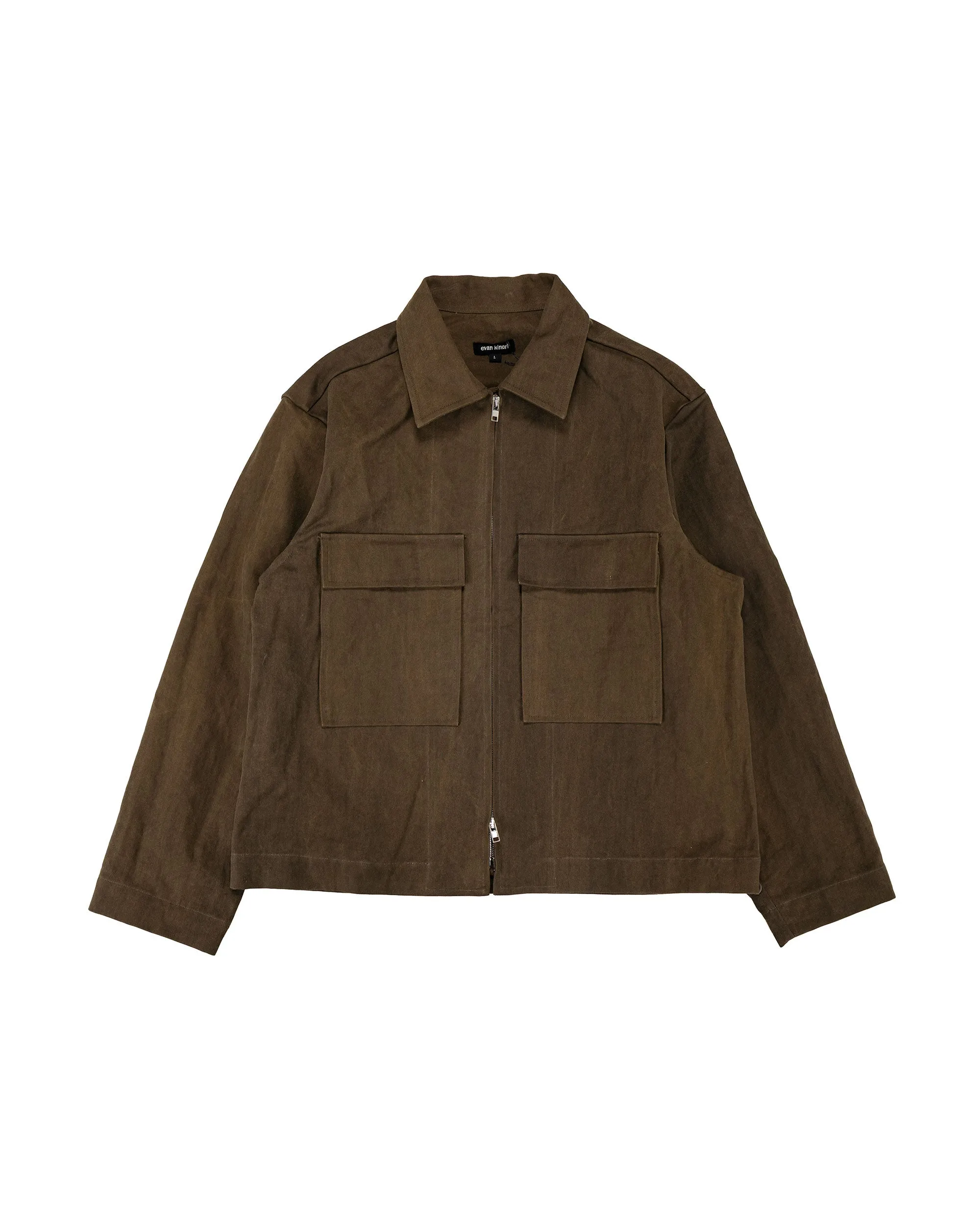 evan kinori Zip Jacket Cotton/Washi Canvas Dark Olive Sumi Ink Dye sold by Lost & Found