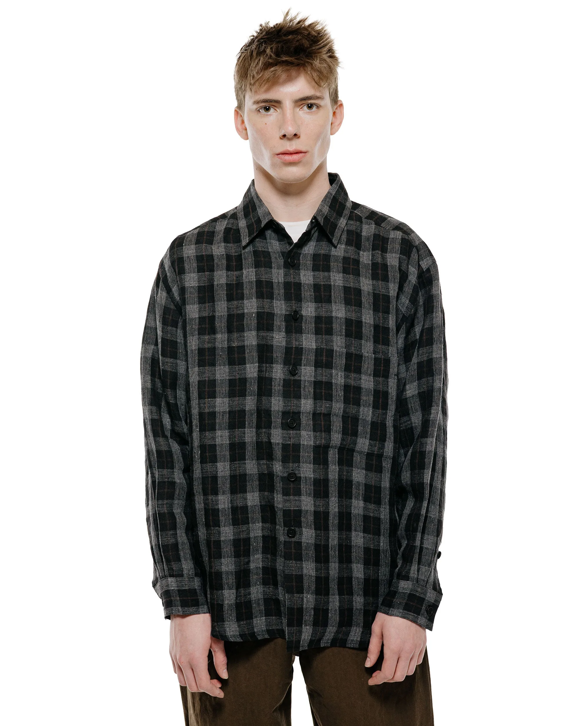 evan kinori Big Shirt Two Yarn Dye Linen Check Charcoal/Brown/Black sold by Lost & Found product image thumbnail 2
