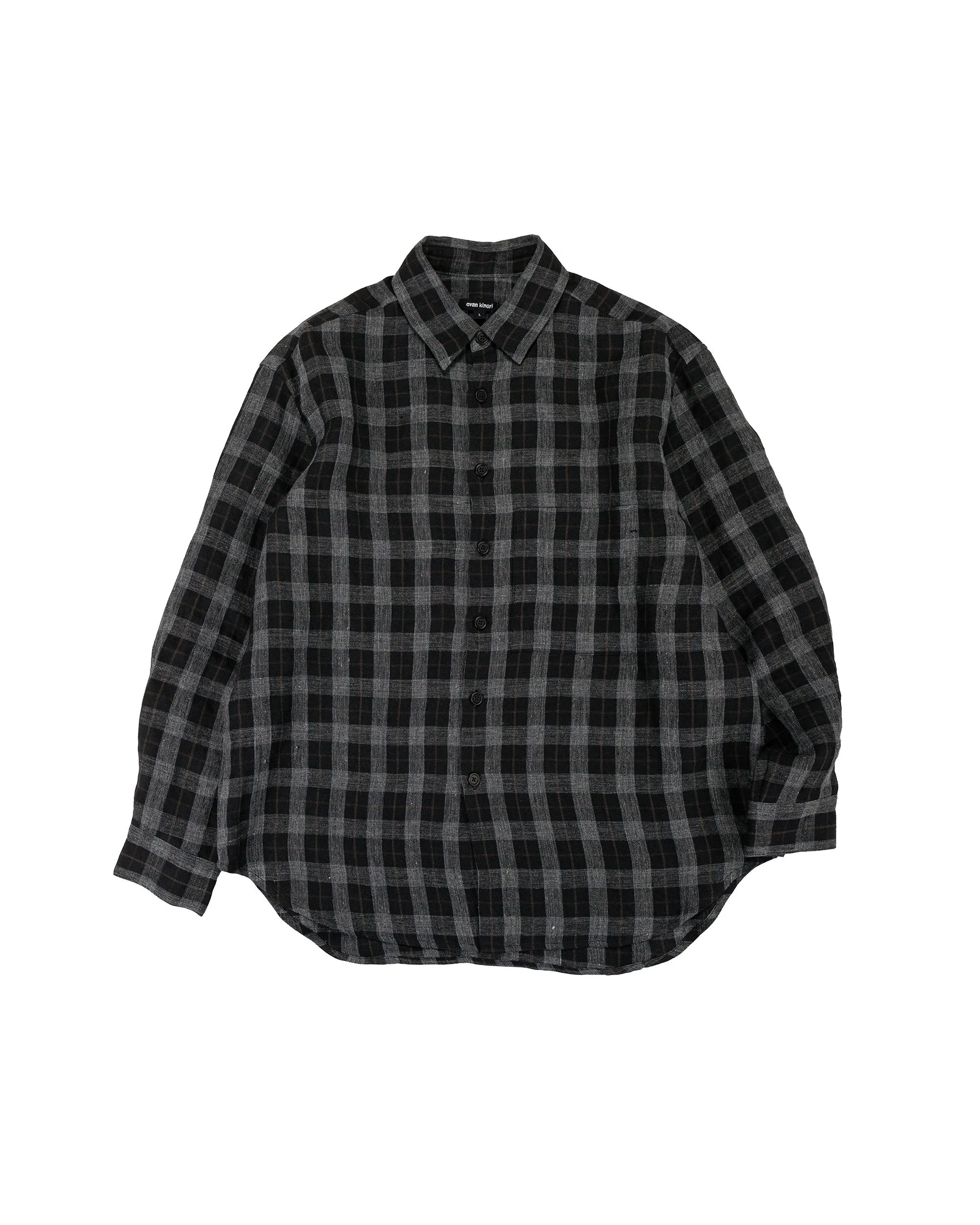 evan kinori Big Shirt Two Yarn Dye Linen Check Charcoal/Brown/Black sold by Lost & Found