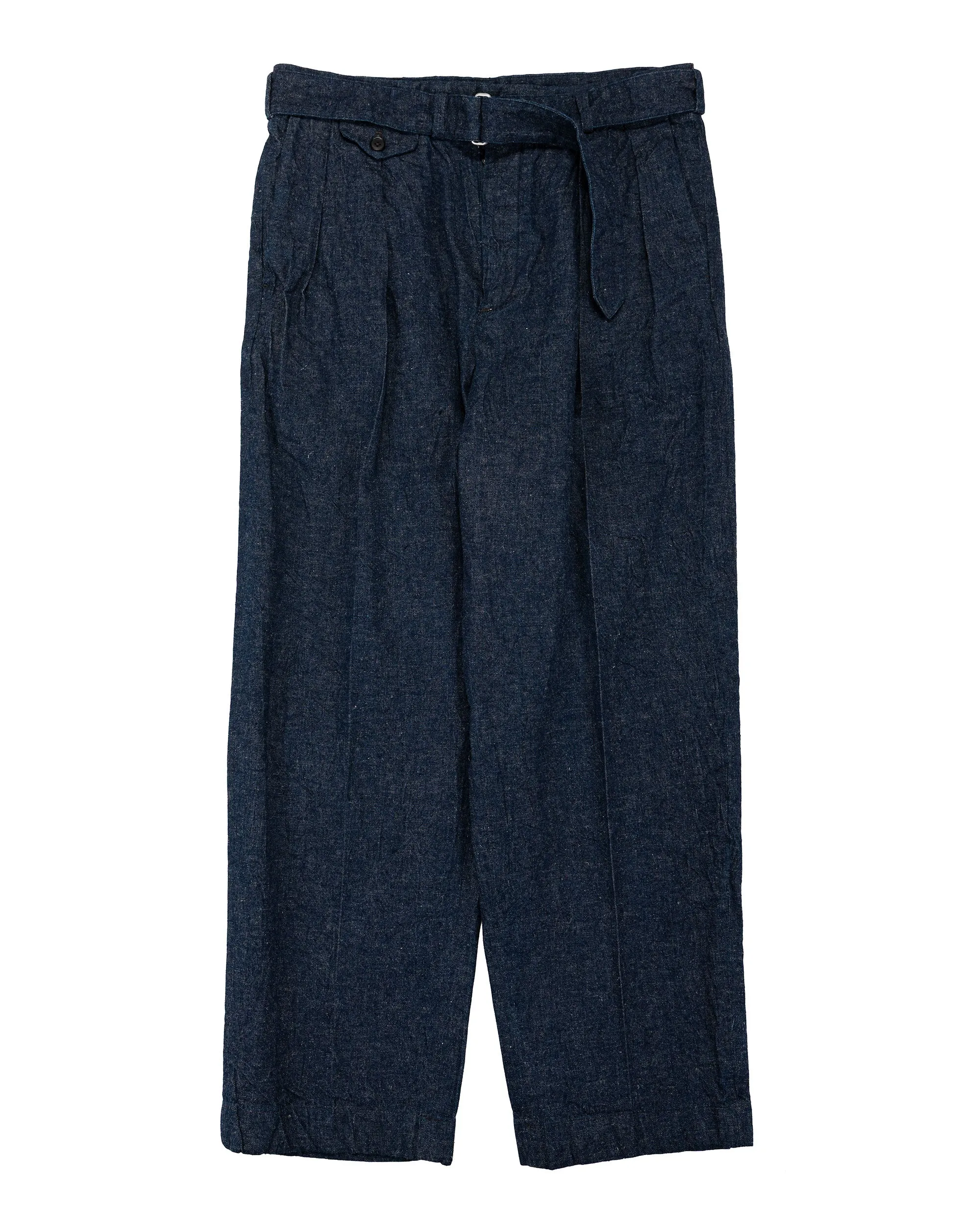 KAPTAIN SUNSHINE Cotton Linen Denim Riviera Trousers Indigo sold by Lost & Found