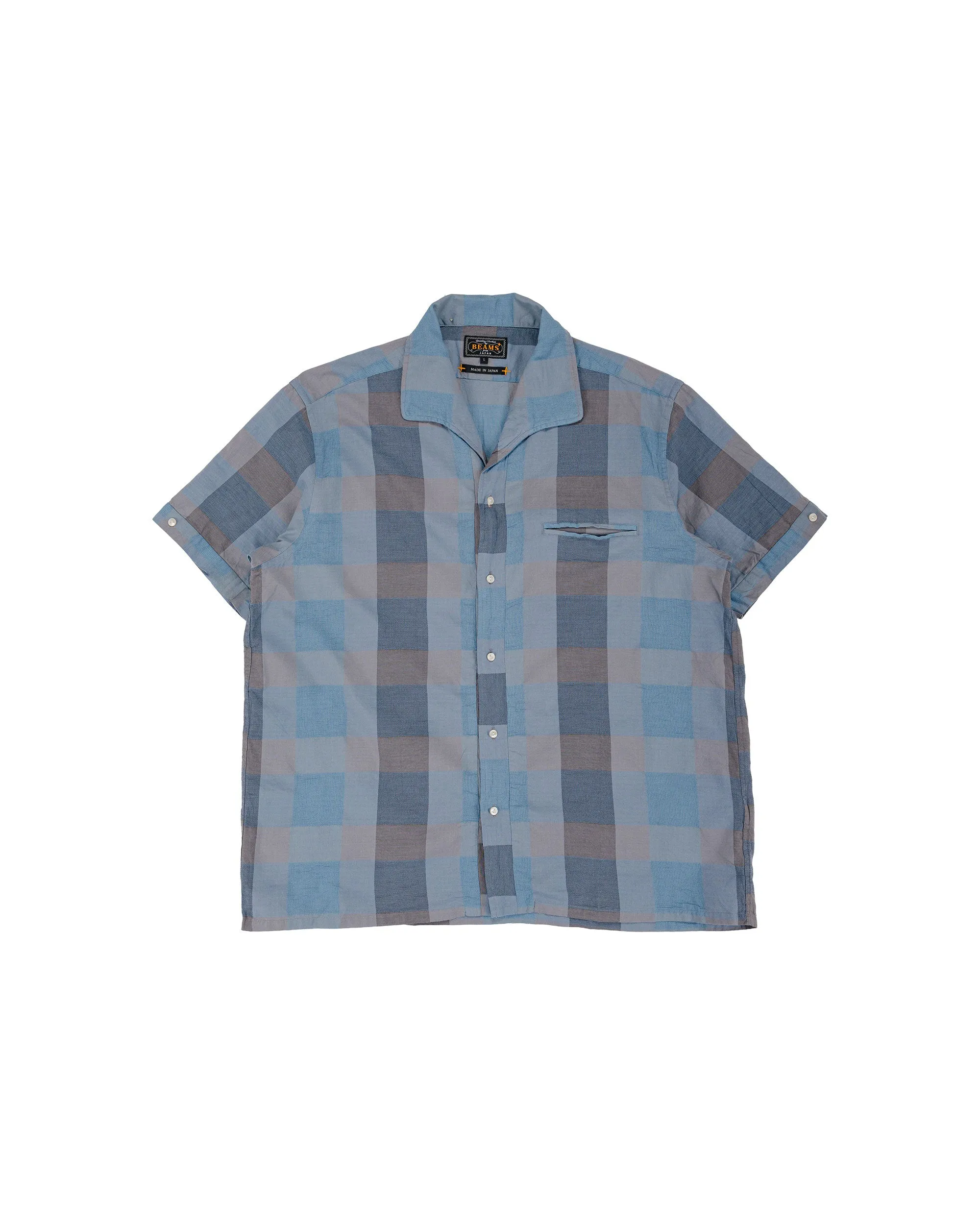 Beams Plus Italian Collar Indigo Panama Weave Plaid sold by Lost & Found