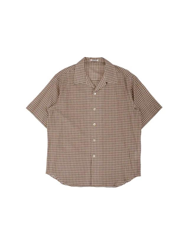Auralee Airy Light Cotton Check Half Sleeved Shirt Brown Gingham Check made by Auralee