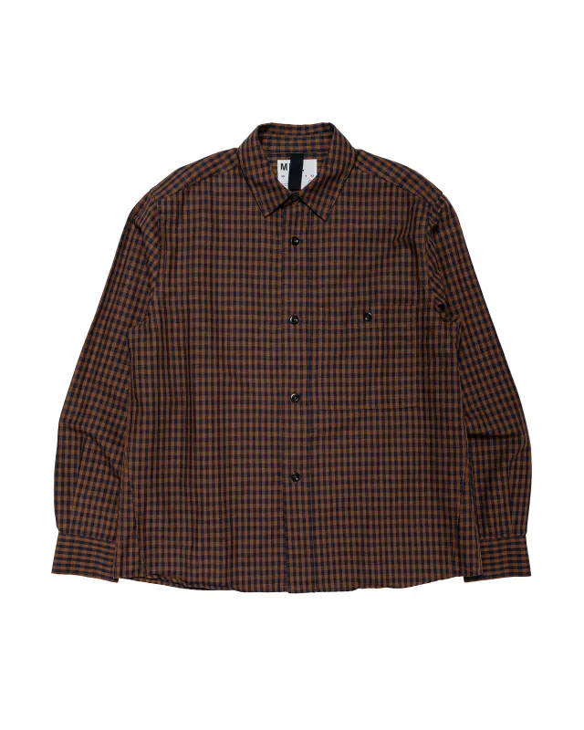 MHL Overall Shirt Irregular Cotton Linen Gingham Chestnut/Ink made by Margaret Howell