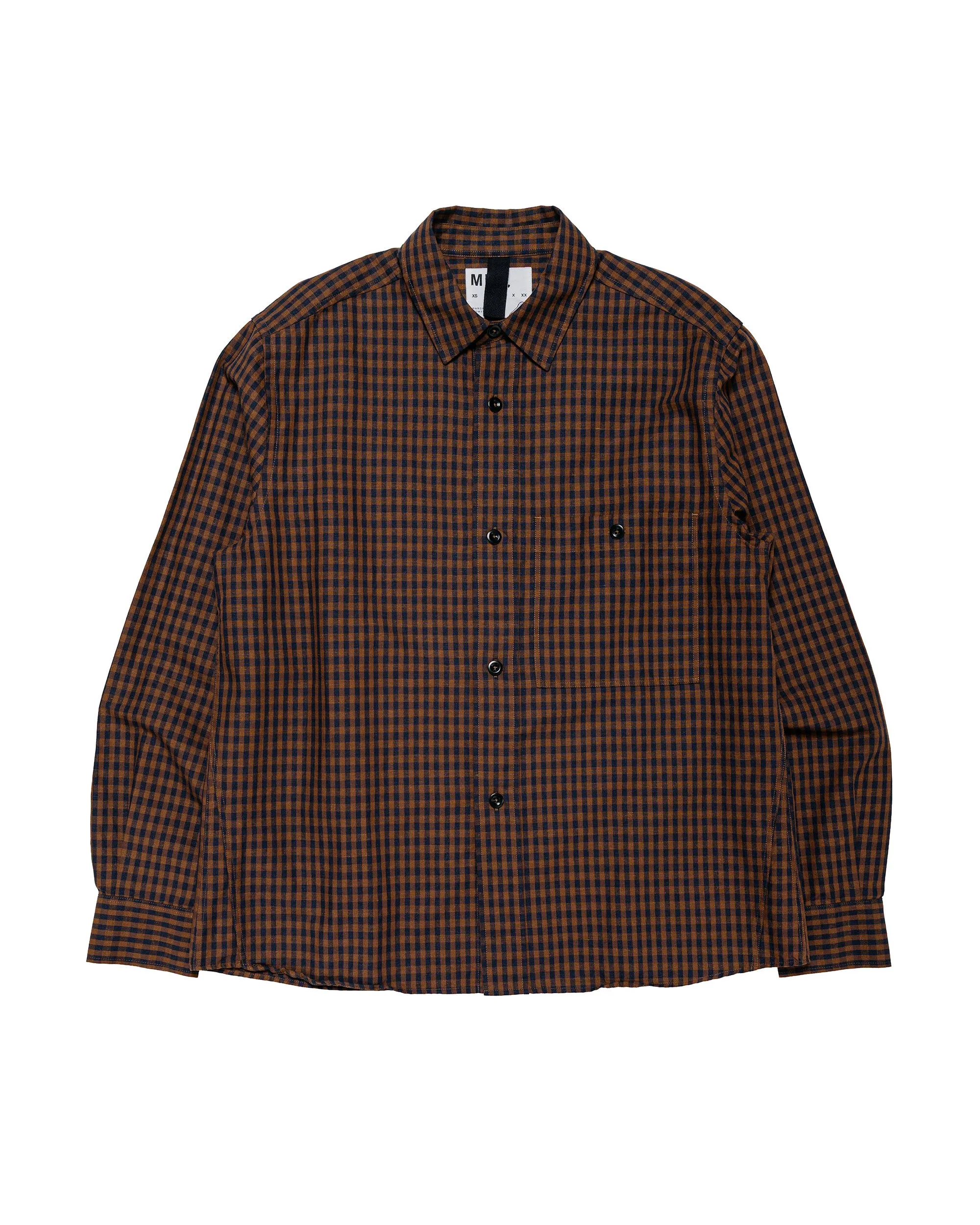MHL Overall Shirt Irregular Cotton Linen Gingham Chestnut/Ink sold by Lost & Found