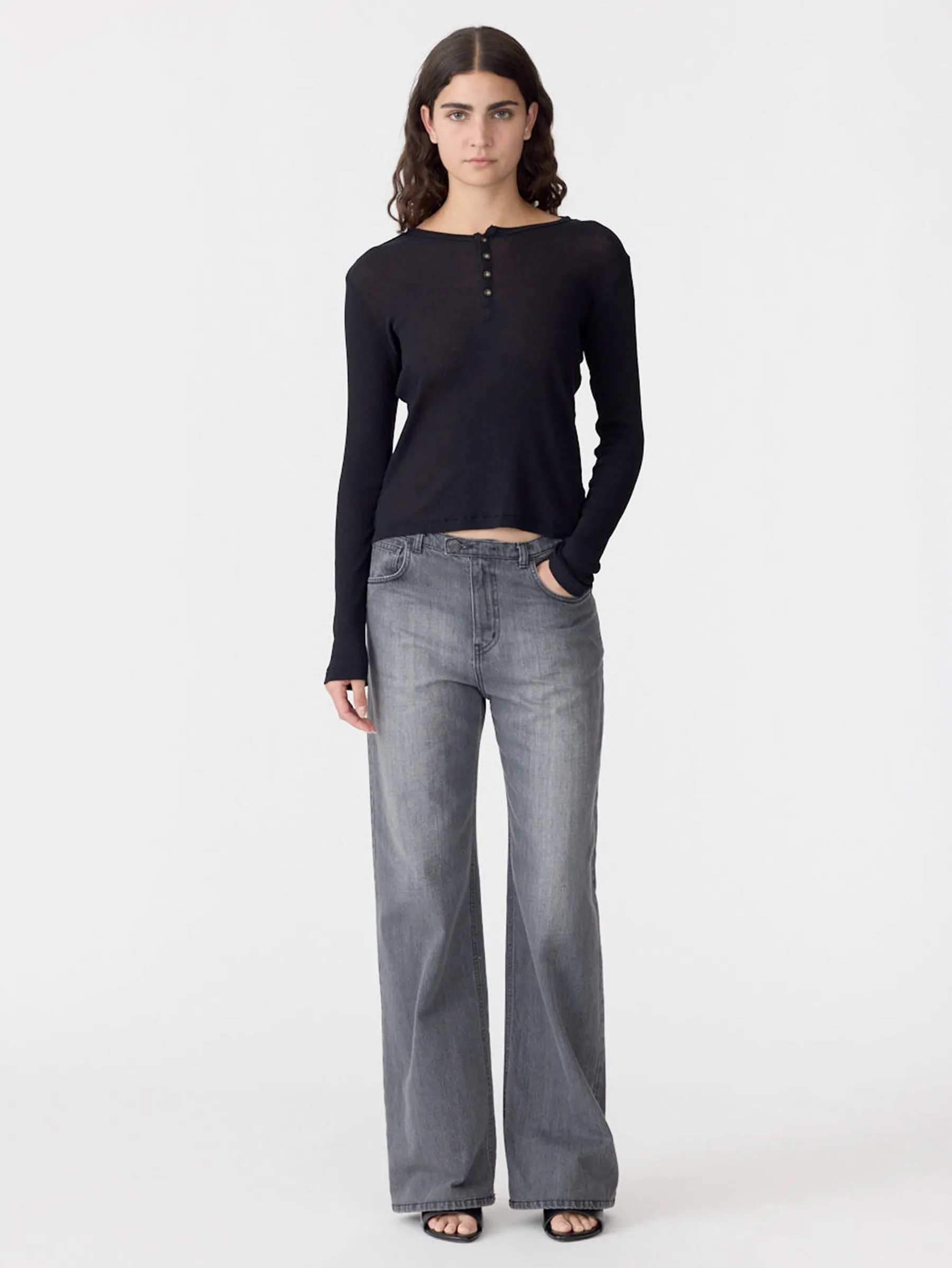 Sheer Rib Long Sleeve Placket T-Shirt sold by Bassike