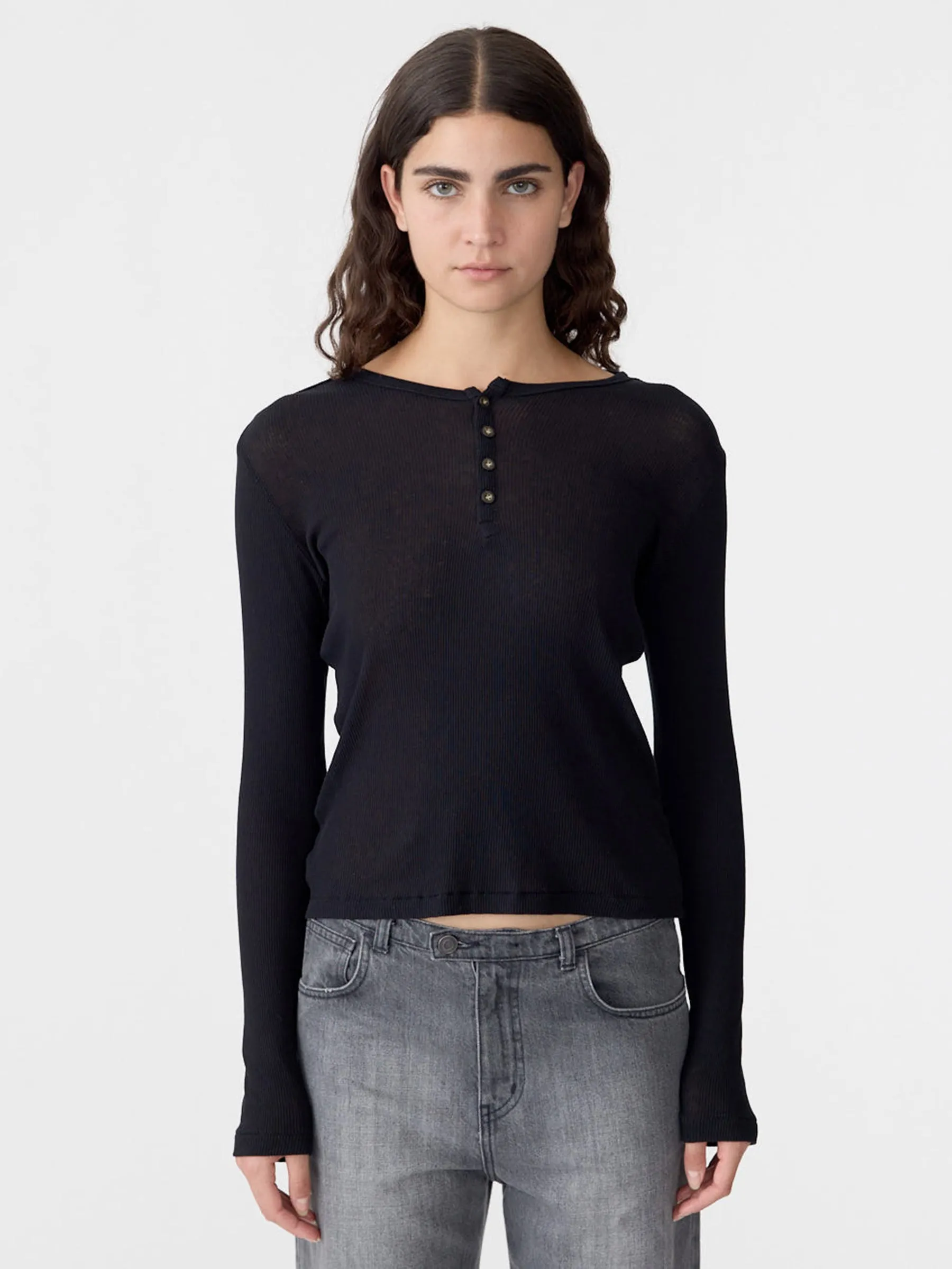 Sheer Rib Long Sleeve Placket T-Shirt sold by Bassike product image thumbnail 2