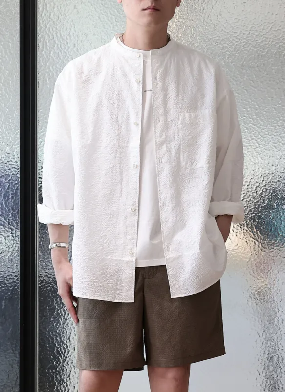 Cotton Seersucker Stand Collar Classic Shirt sold by INITIAL Fashion