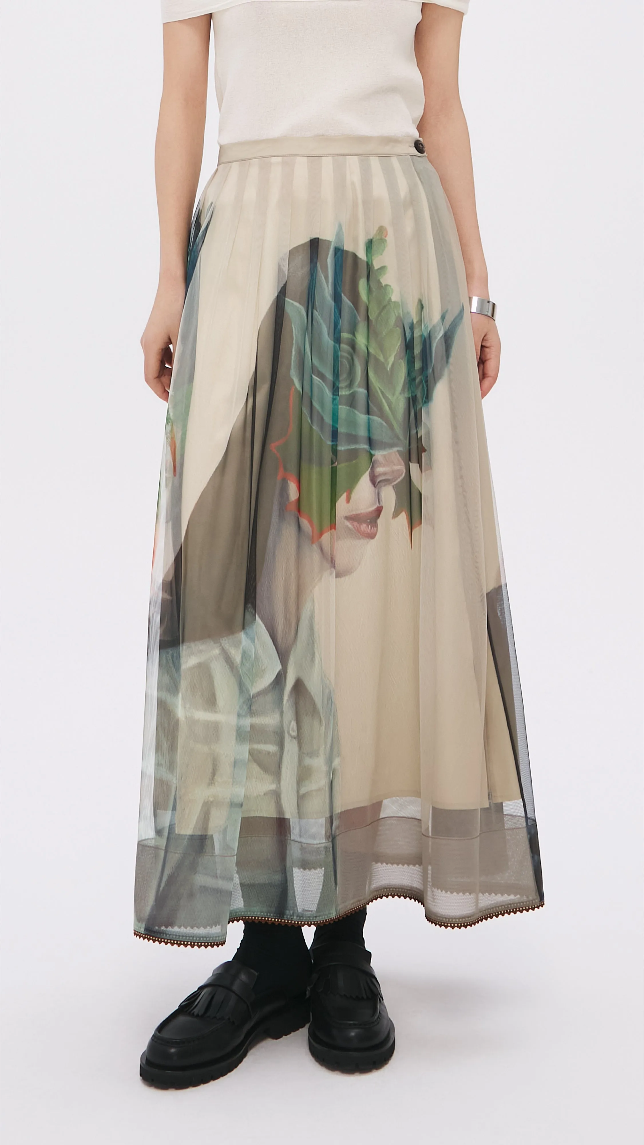 Mariko Enomoto Graphic Pleated Mesh Skirt sold by INITIAL Fashion