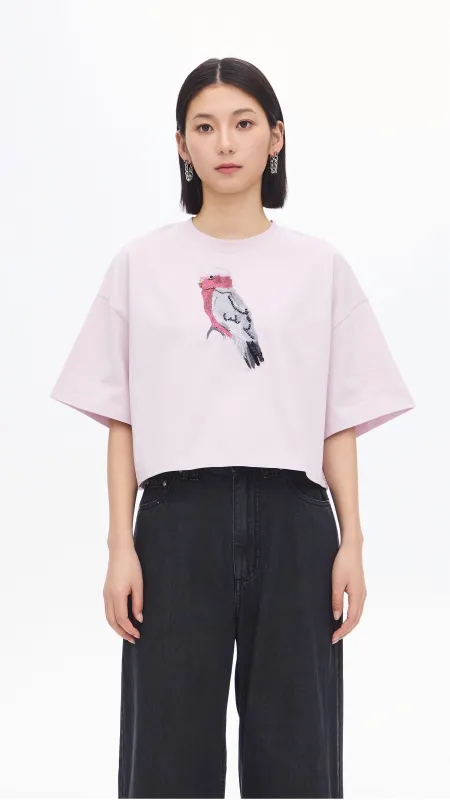Cropped Parrot Graphic Embroidery Tee sold by INITIAL Fashion