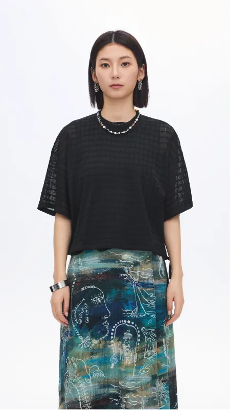 See-through Checker Knit Top sold by INITIAL Fashion