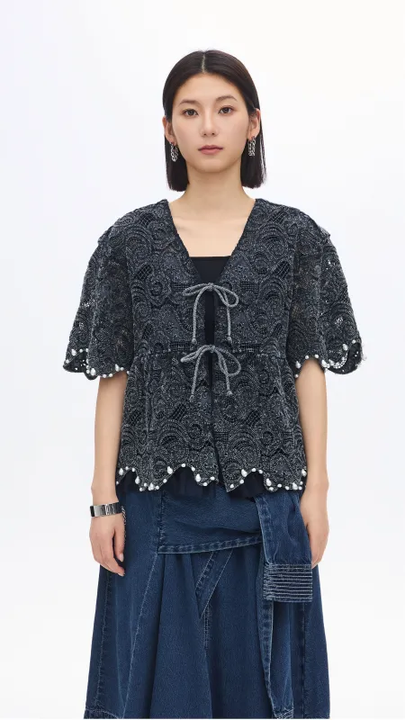 Cold Dye Lace Collarless Jacket sold by INITIAL Fashion