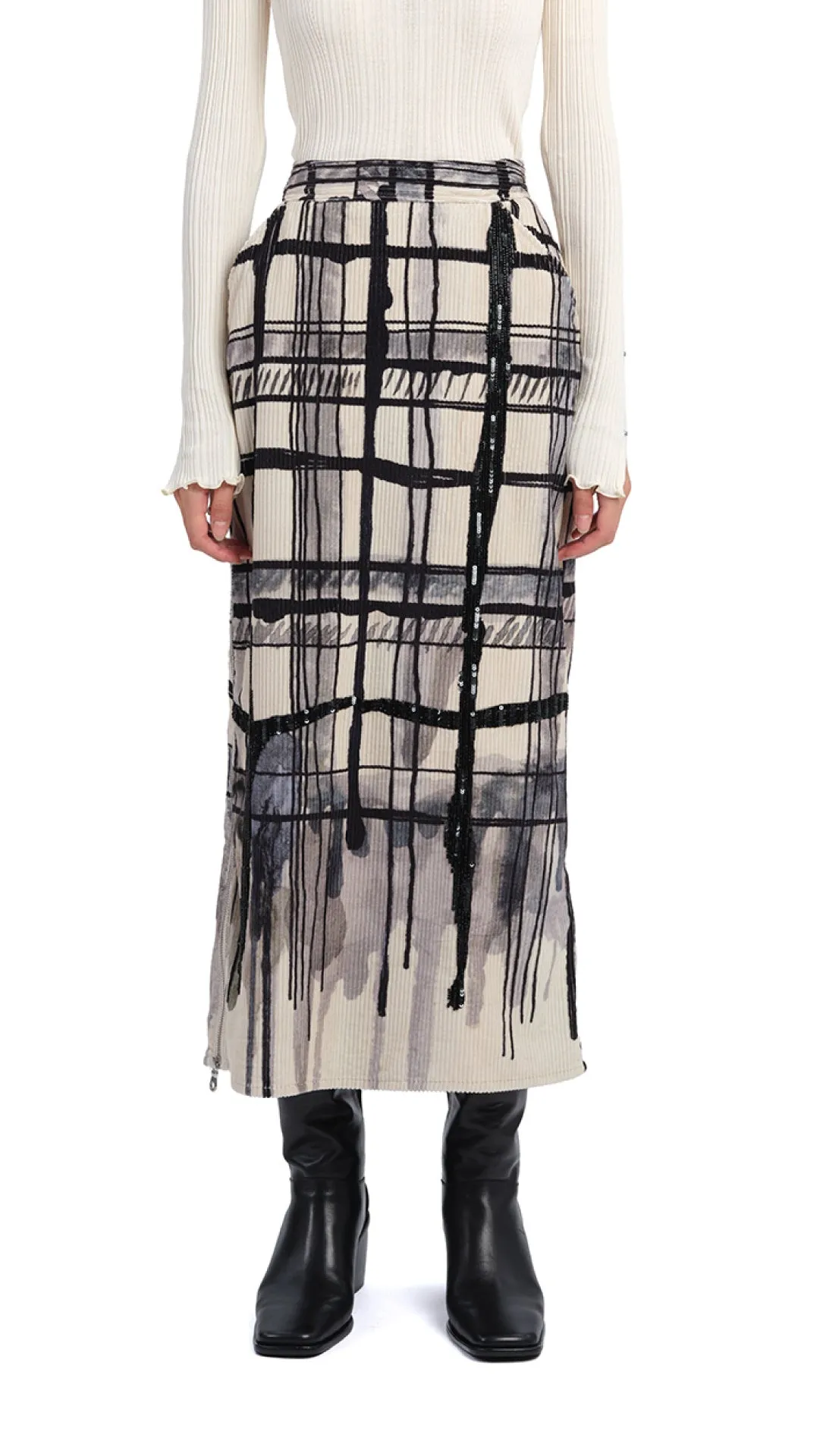 Handcrafted Checker Printed Corduroy Fishtail Skirt sold by INITIAL Fashion