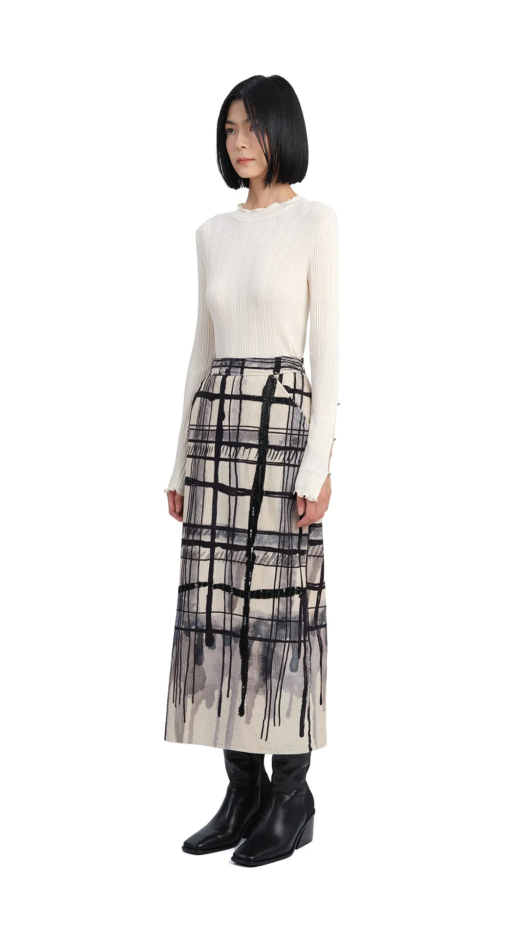 Handcrafted Checker Printed Corduroy Fishtail Skirt sold by INITIAL Fashion product image thumbnail 4