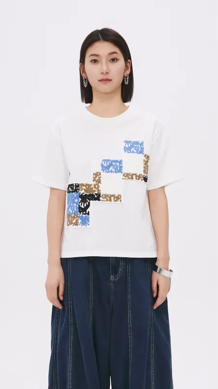 Patched Floral Embroidery Tee sold by INITIAL Fashion