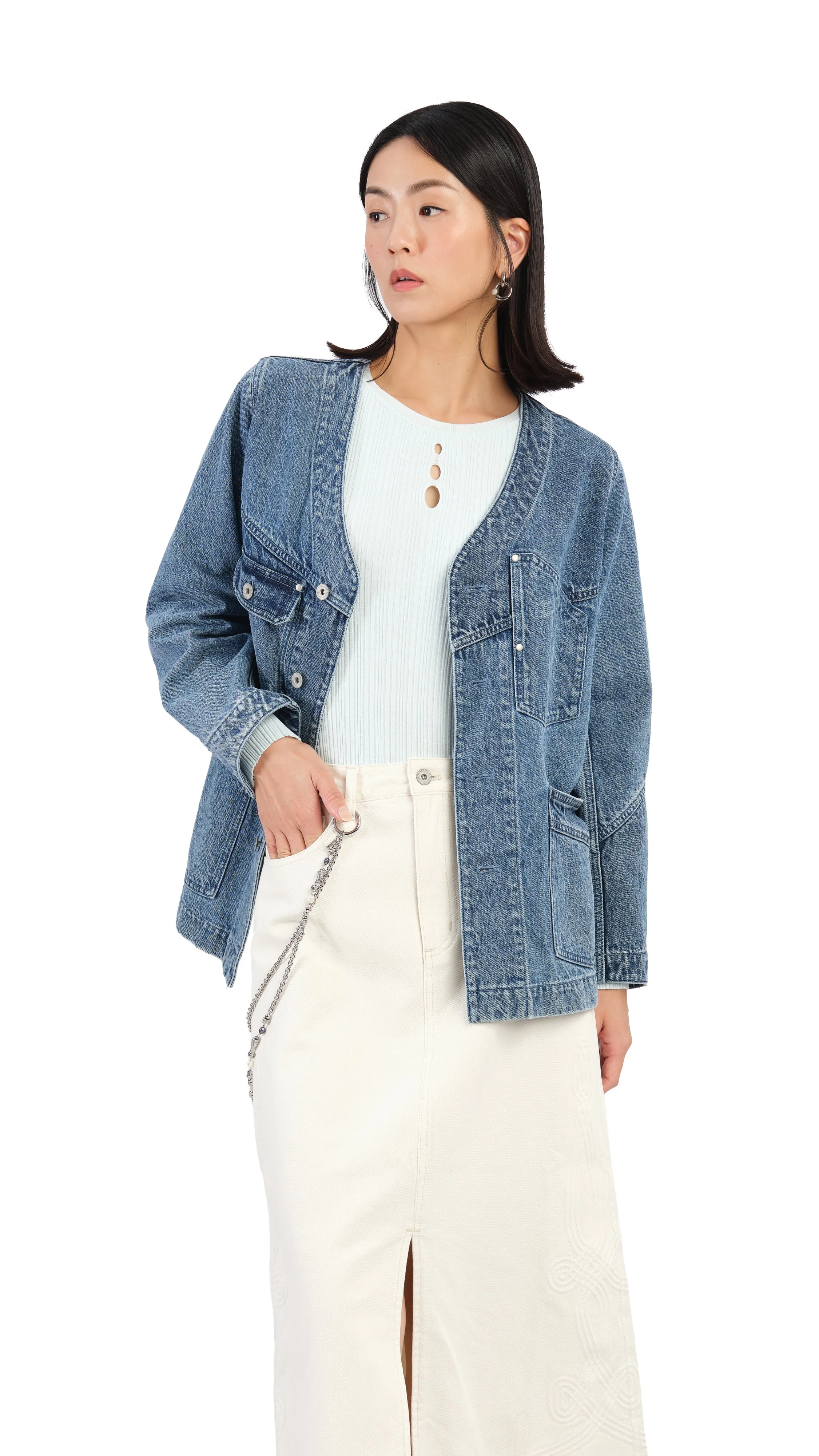 Rebuilt Collarless Denim Jacket sold by INITIAL Fashion