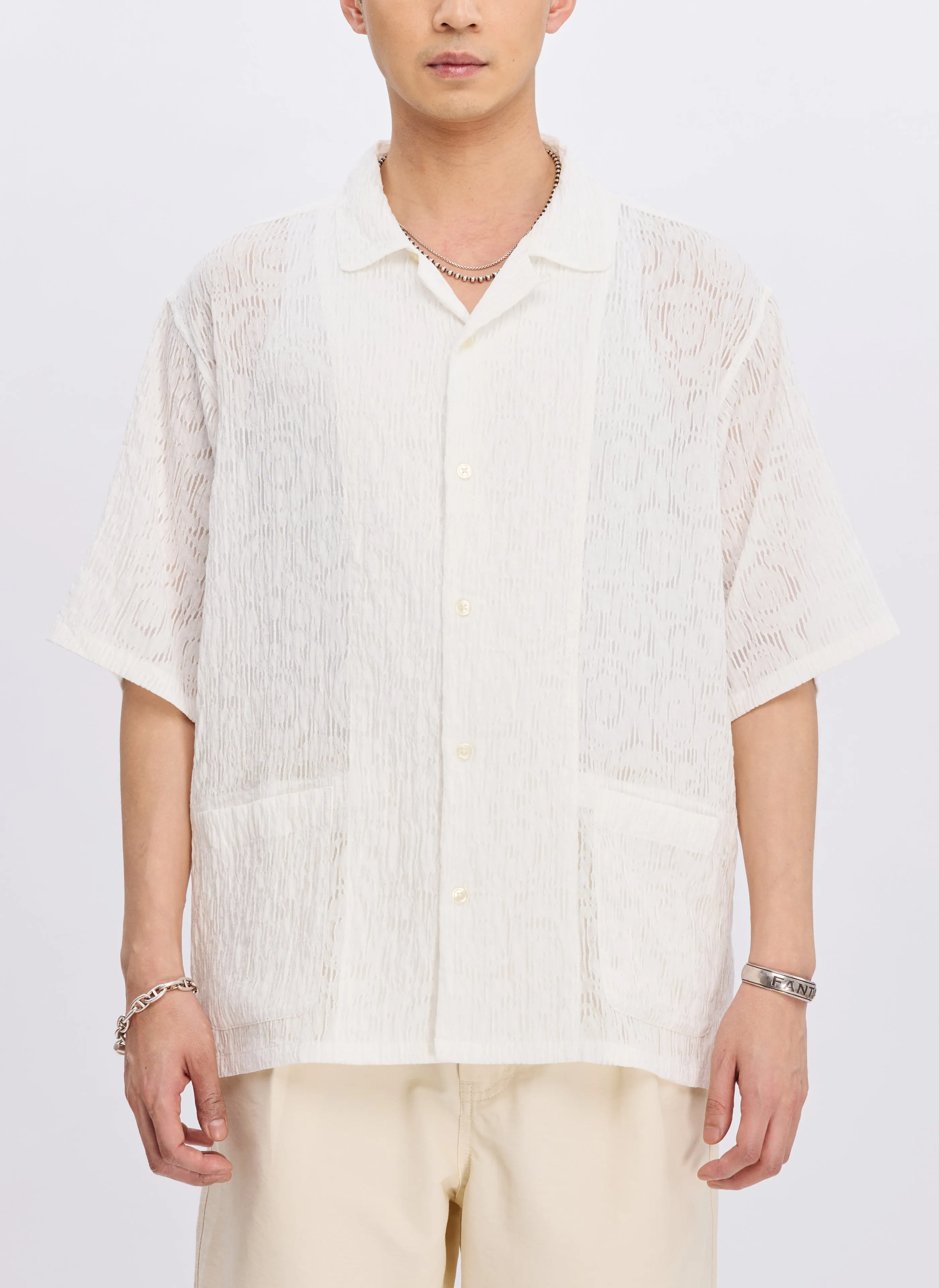 Rayon Nylon Distort Lace Open Collar Shirt sold by INITIAL Fashion product image thumbnail 2