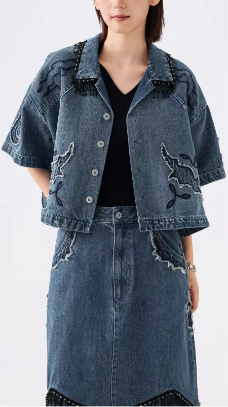Western Patched Denim Shacket sold by INITIAL Fashion