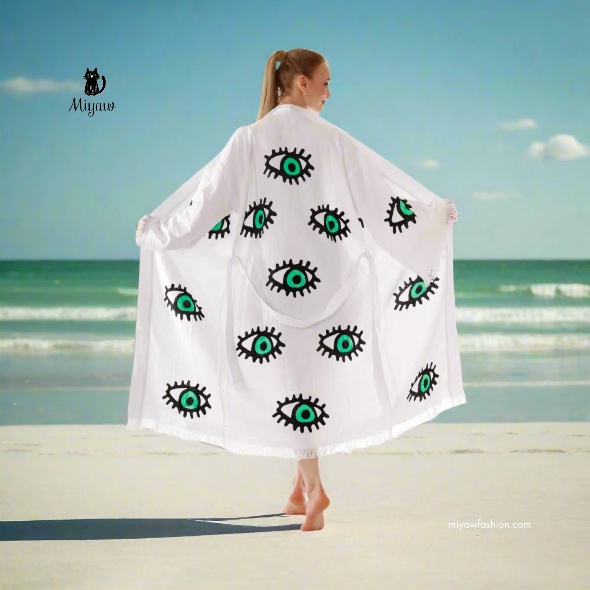 White Cotton Evil Eye Beach Cover-Up – Boho Resortwear sold by Miyaw Fashion