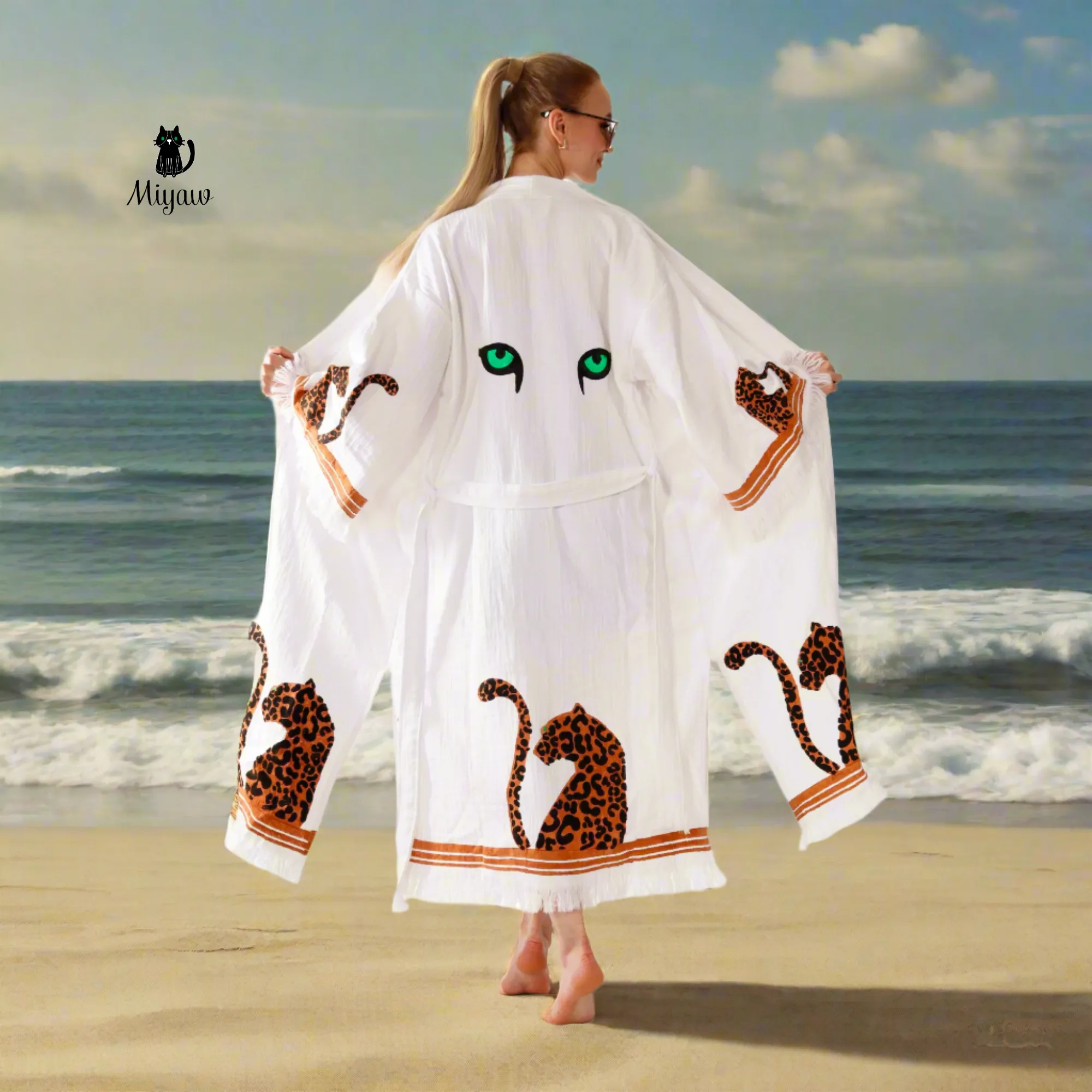 White Boho Leopard Kimono Robe – Organic Cotton Beachwear sold by Miyaw Fashion product image thumbnail 2