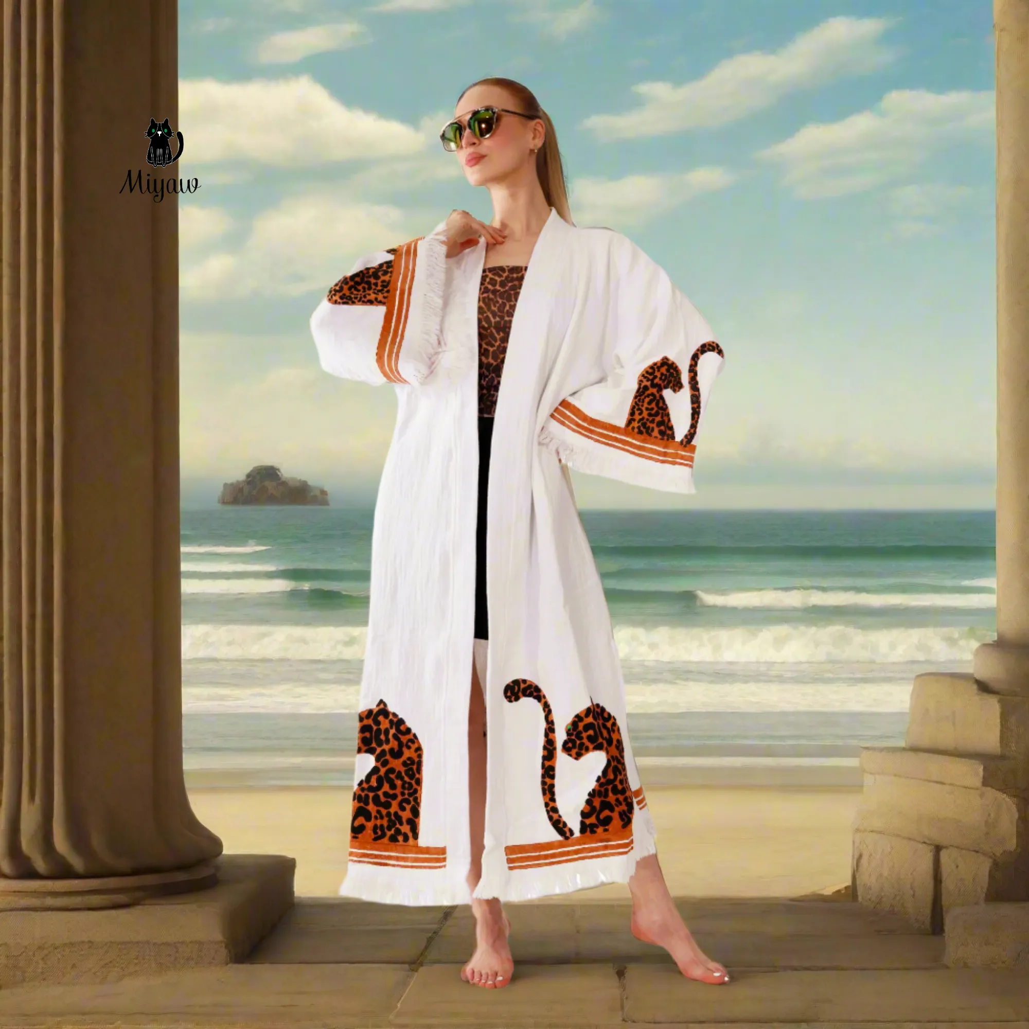 White Boho Leopard Kimono Robe – Organic Cotton Beachwear sold by Miyaw Fashion