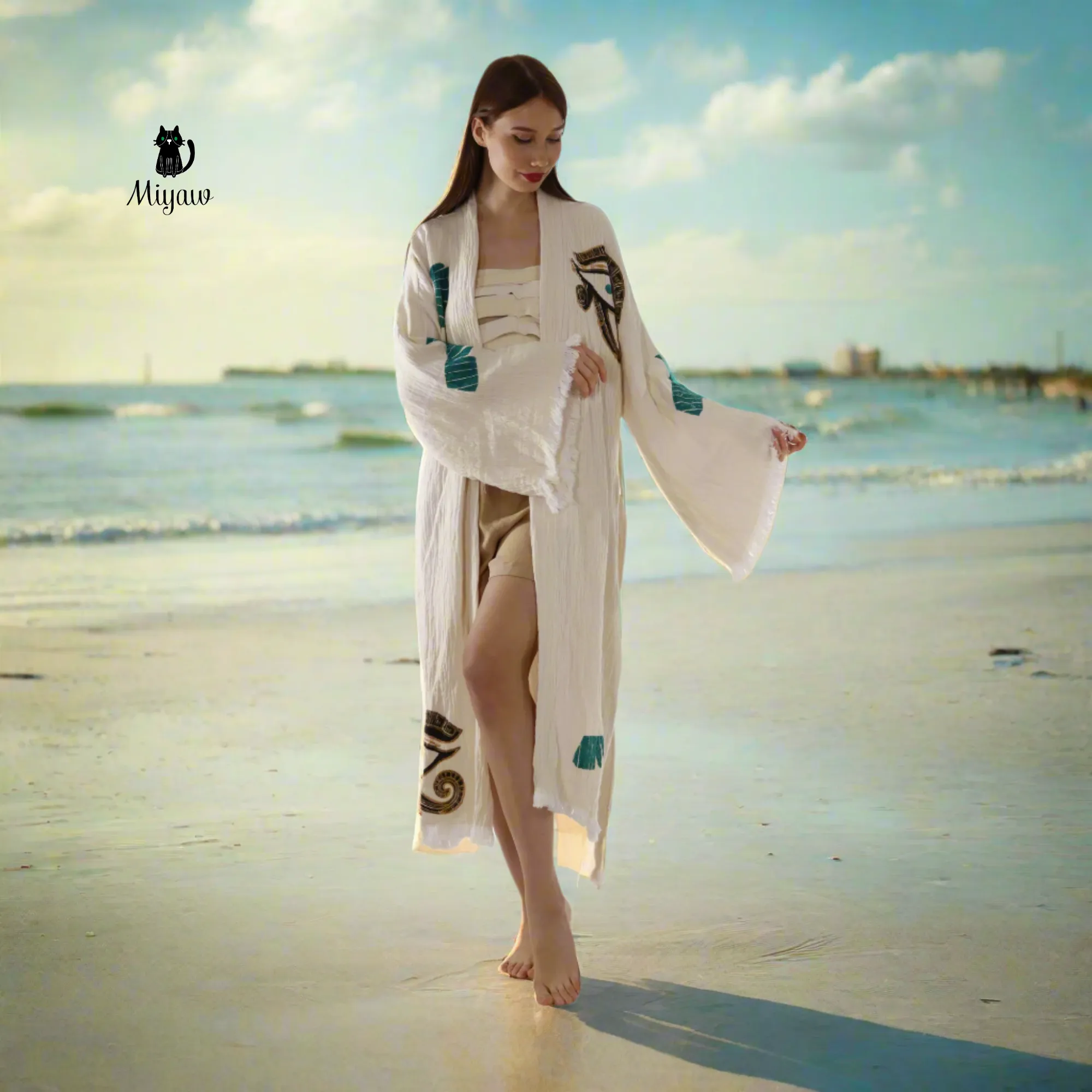 Boho Eye & Wing of Horus Kimono Robe – Organic Cotton sold by Miyaw Fashion product image thumbnail 2