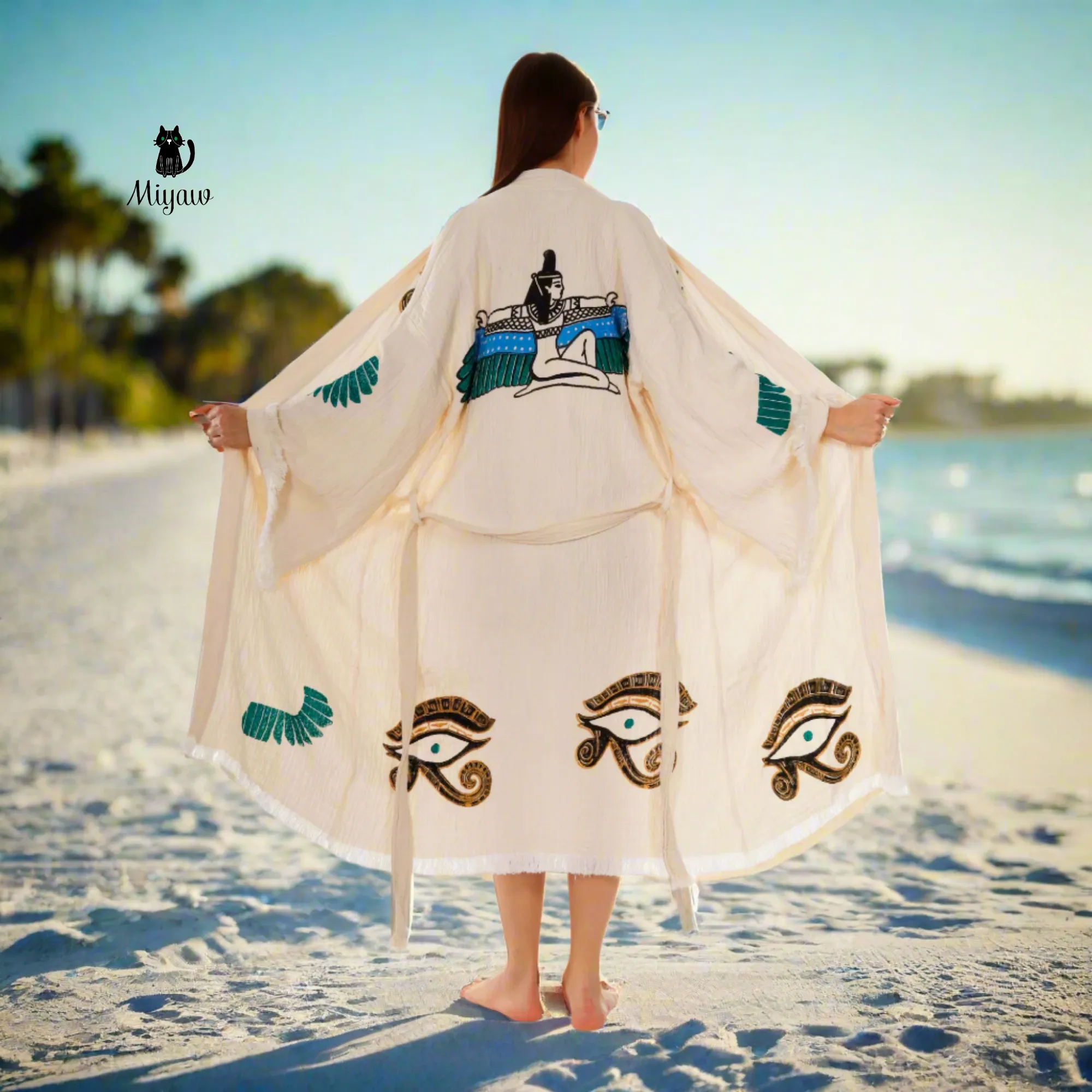 Boho Eye & Wing of Horus Kimono Robe – Organic Cotton sold by Miyaw Fashion