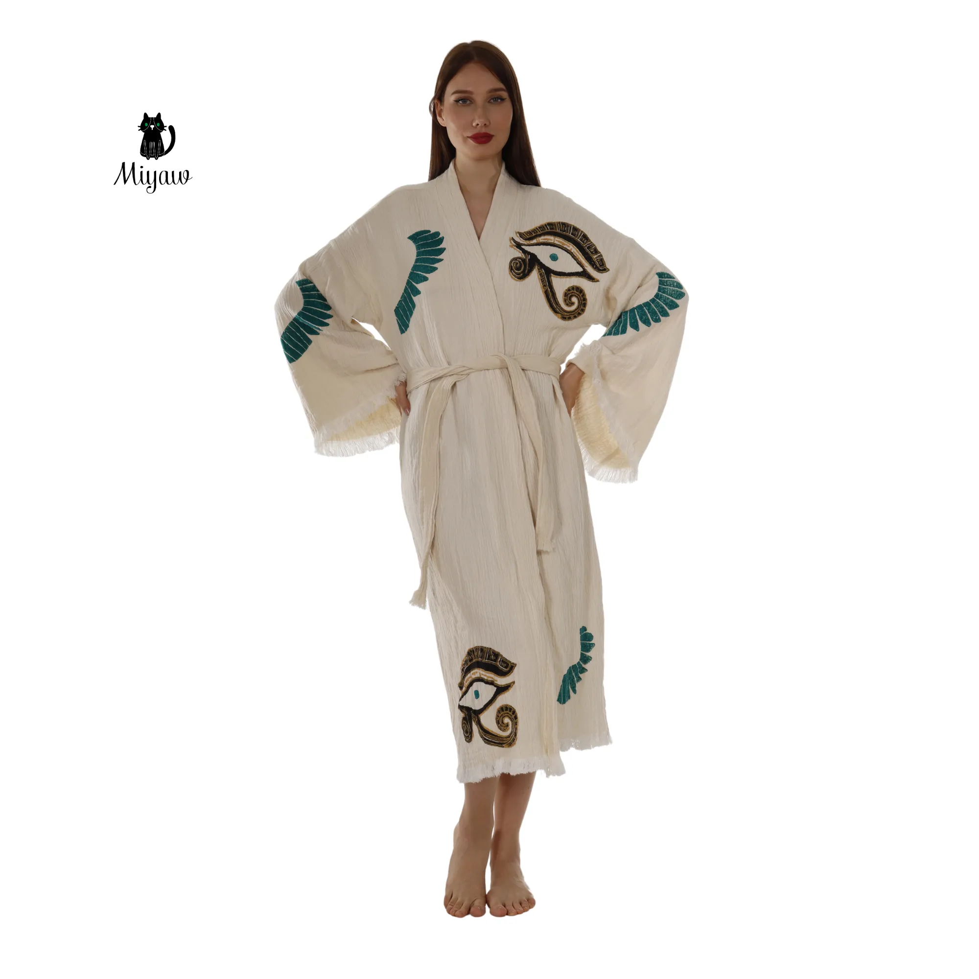 Boho Eye & Wing of Horus Kimono Robe – Organic Cotton sold by Miyaw Fashion product image thumbnail 4