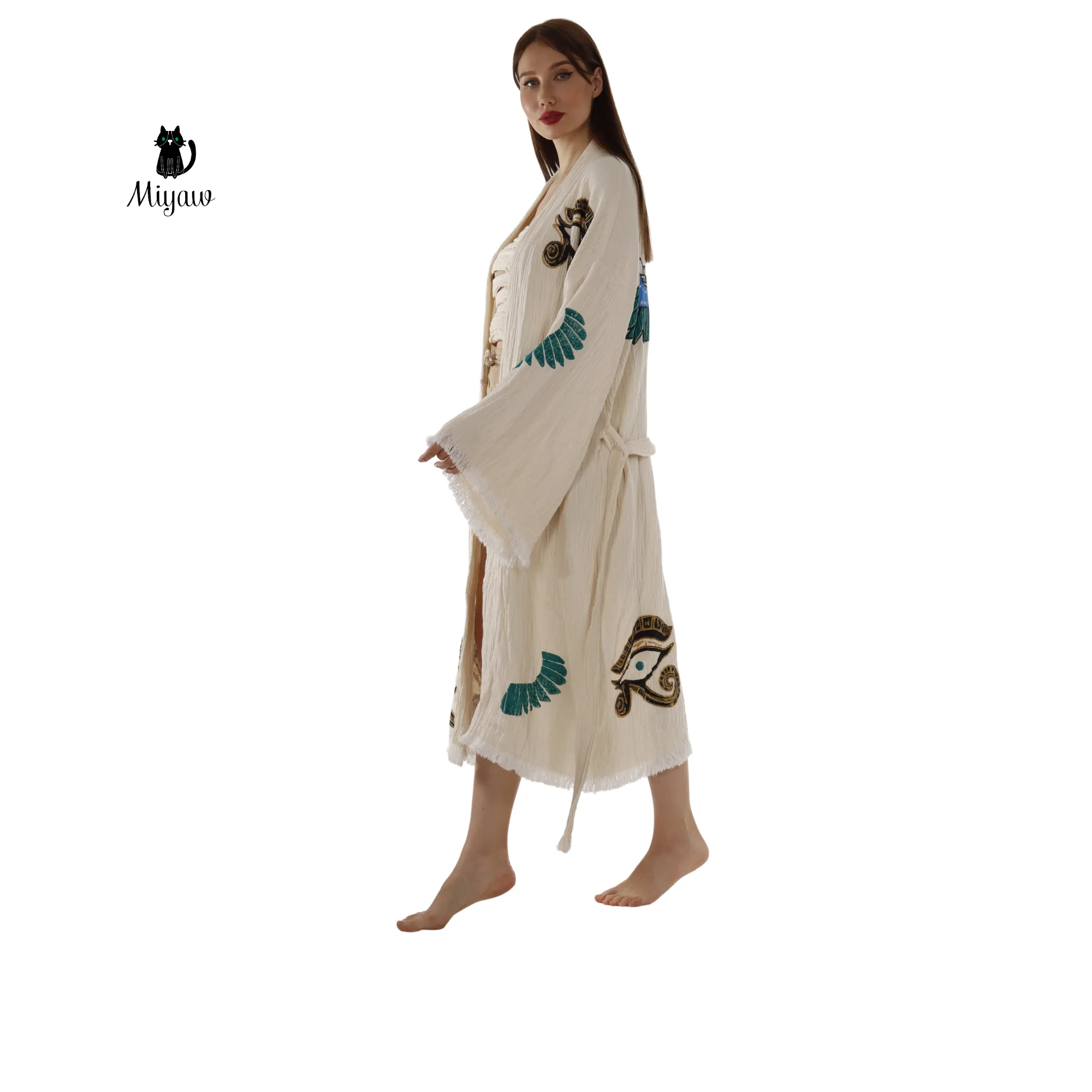 Boho Eye & Wing of Horus Kimono Robe – Organic Cotton sold by Miyaw Fashion product image thumbnail 3