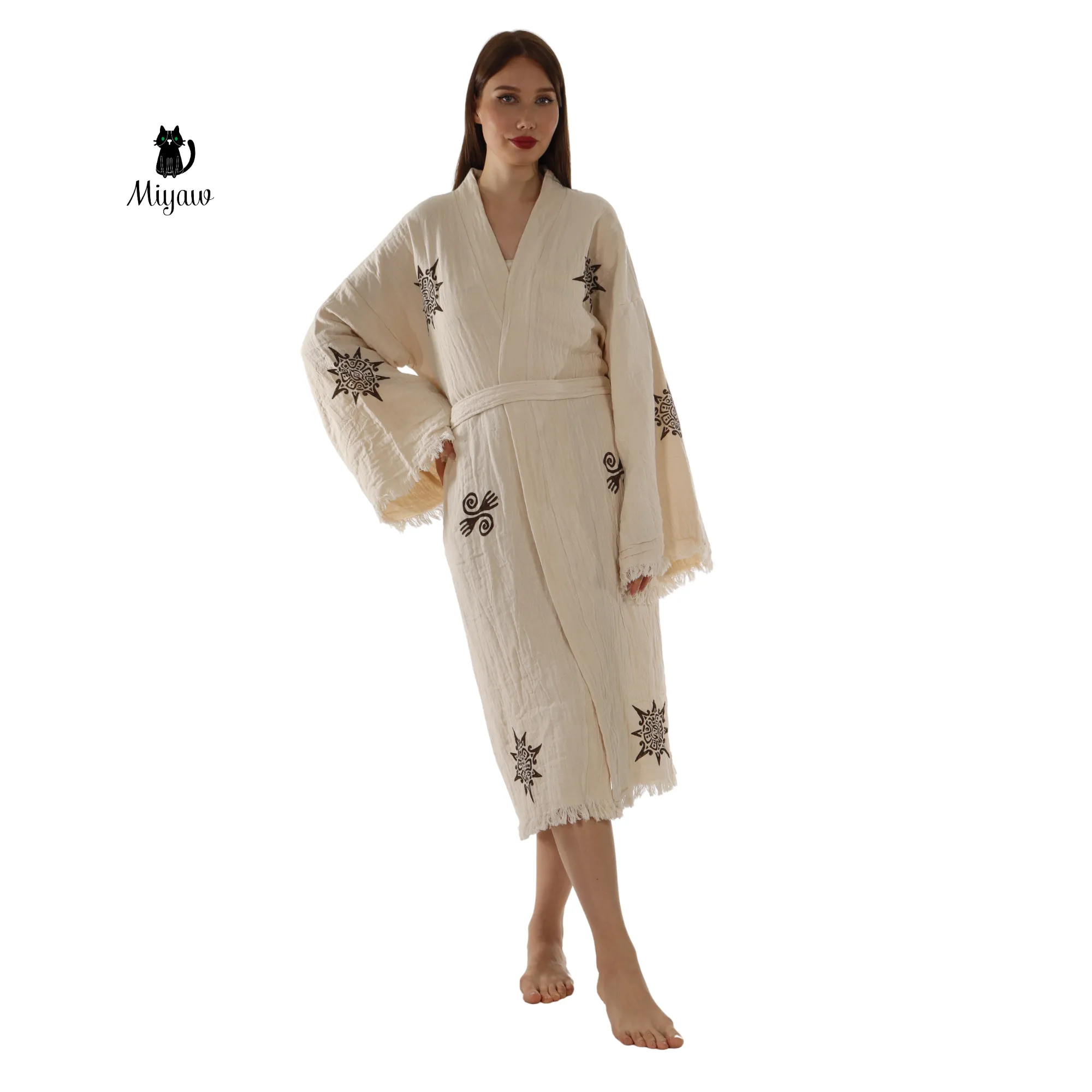 Organic Cotton Aztec Kimono Robe – Boho Beige Cover-Up sold by Miyaw Fashion product image thumbnail 4