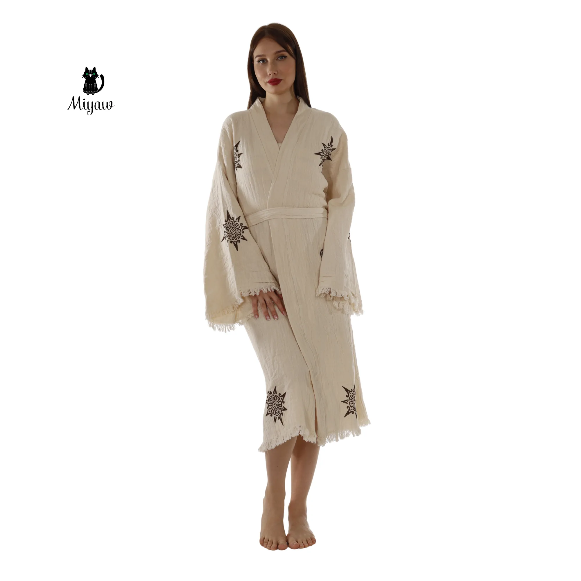 Organic Cotton Aztec Kimono Robe – Boho Beige Cover-Up sold by Miyaw Fashion product image thumbnail 2