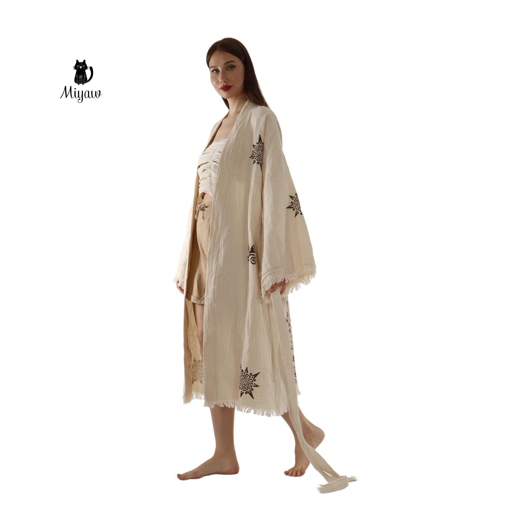 Organic Cotton Aztec Kimono Robe – Boho Beige Cover-Up sold by Miyaw Fashion product image thumbnail 5