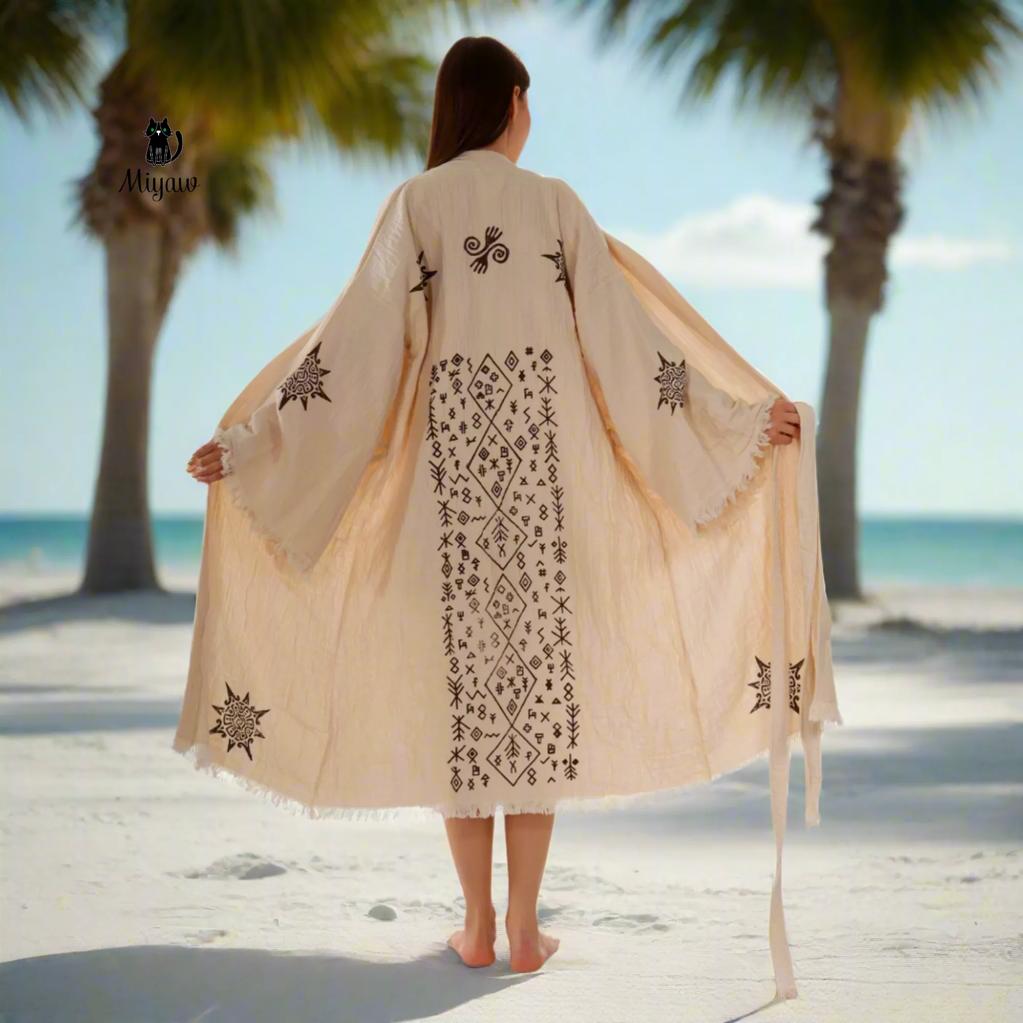 Organic Cotton Aztec Kimono Robe – Boho Beige Cover-Up sold by Miyaw Fashion