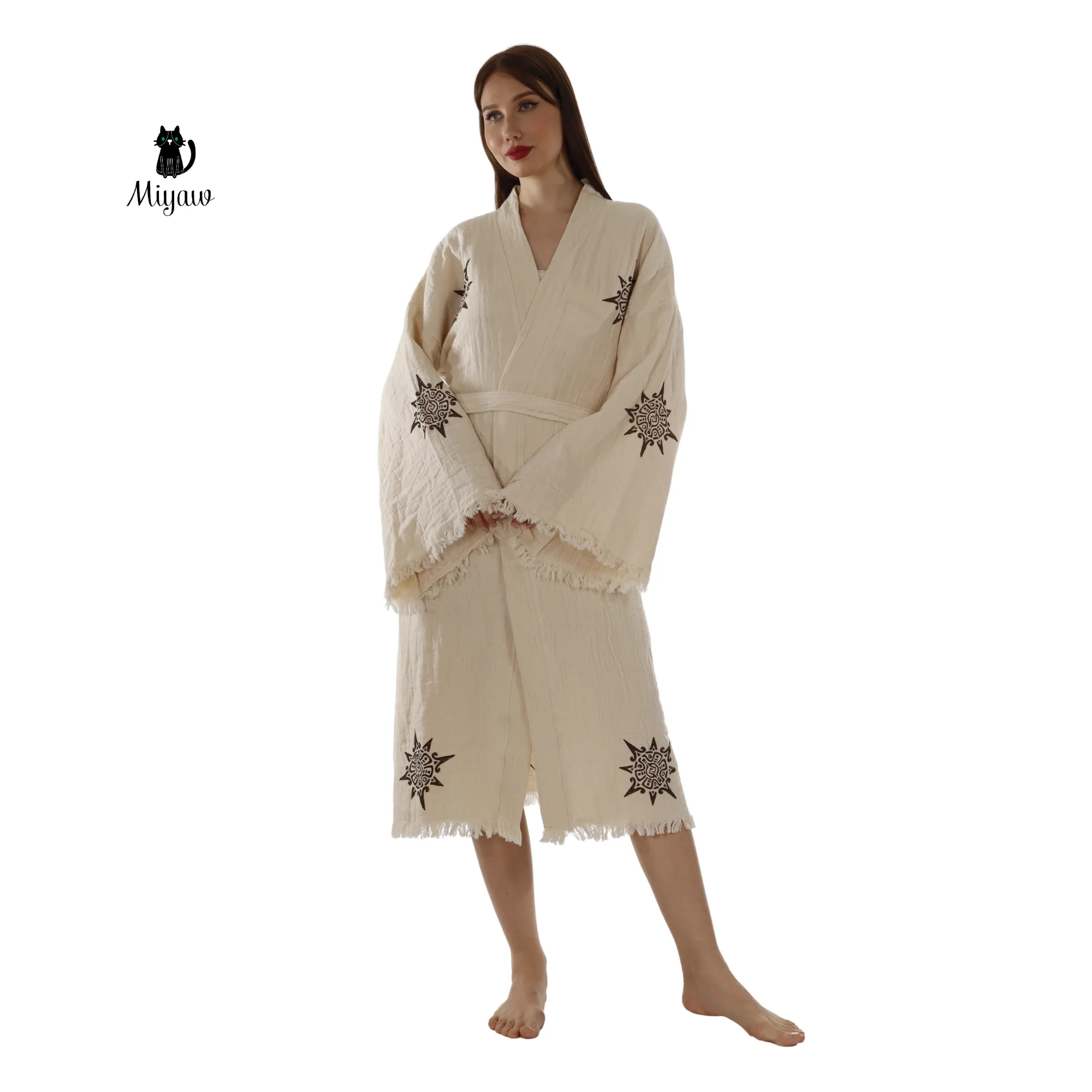 Organic Cotton Aztec Kimono Robe – Boho Beige Cover-Up sold by Miyaw Fashion product image thumbnail 3