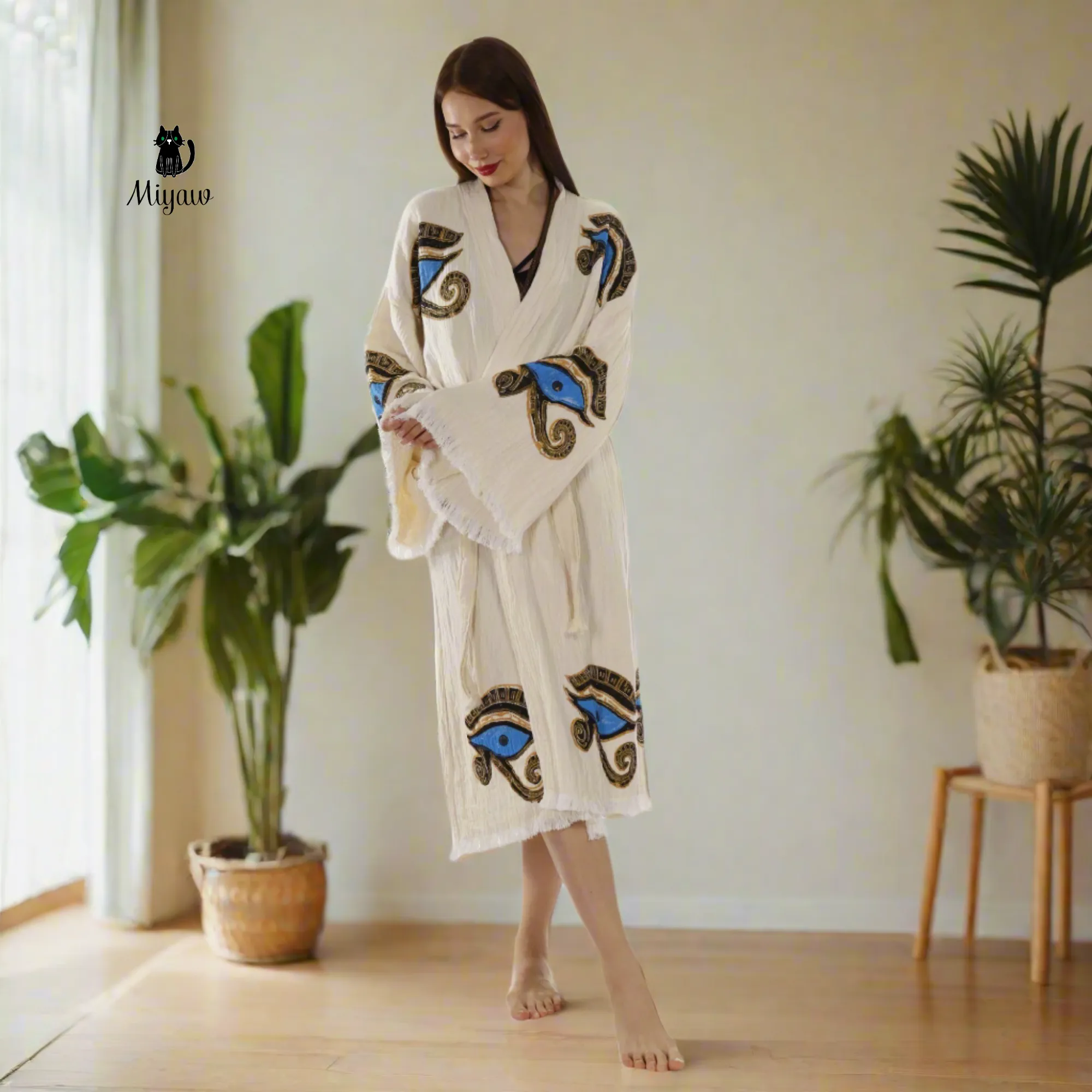Handmade Eye of Horus Kimono Robe – Organic Cotton Boho Chic sold by Miyaw Fashion product image thumbnail 3