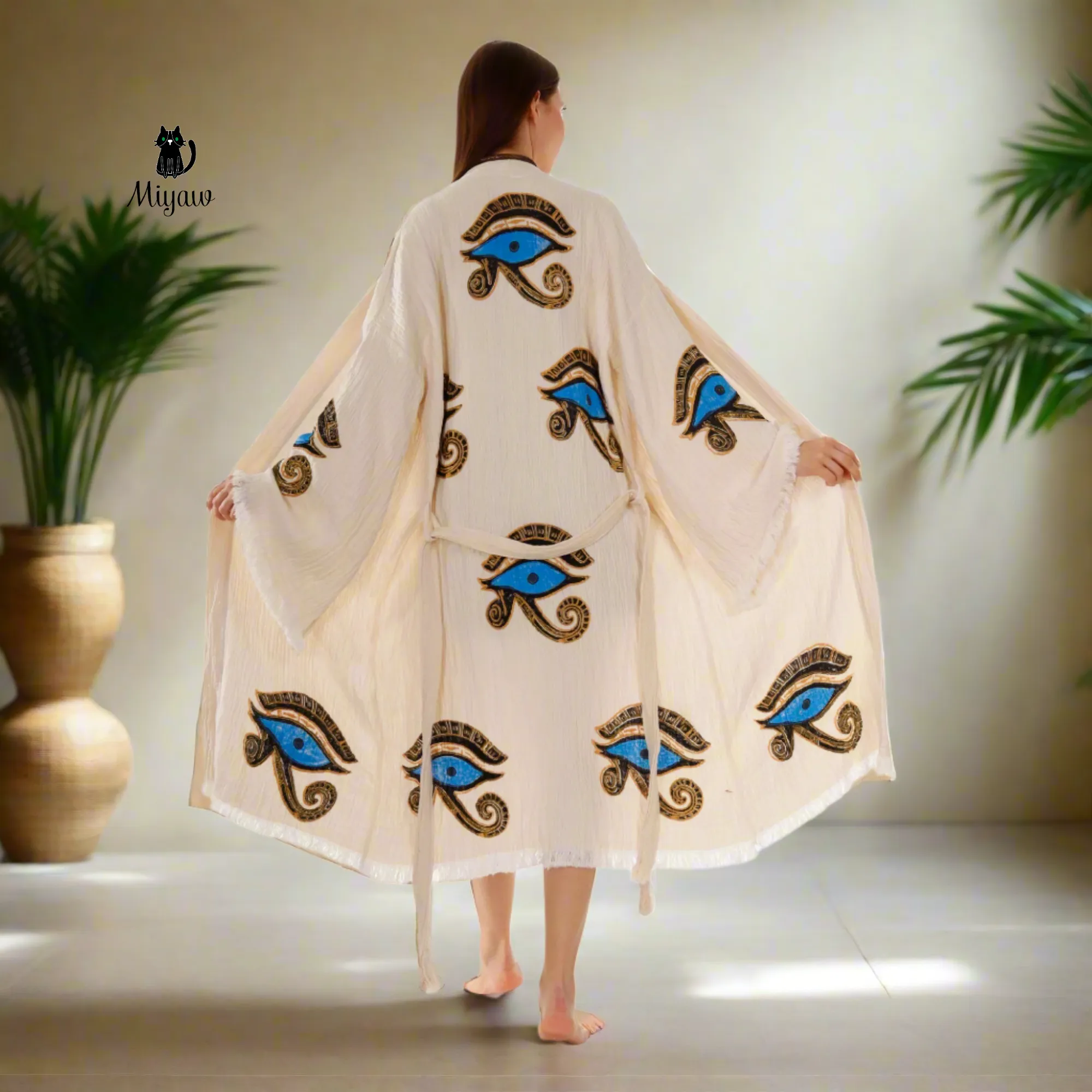 Handmade Eye of Horus Kimono Robe – Organic Cotton Boho Chic sold by Miyaw Fashion product image thumbnail 2