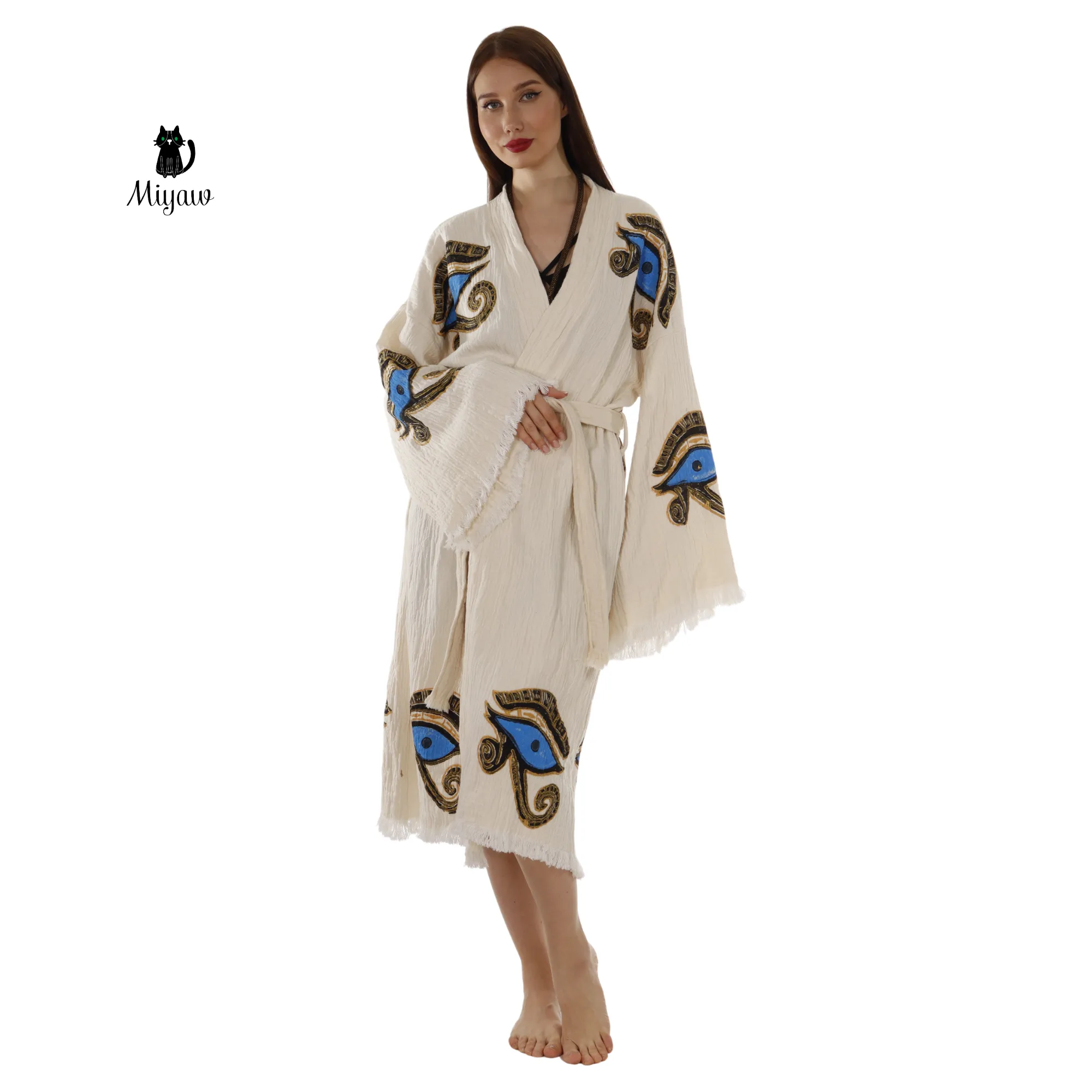 Handmade Eye of Horus Kimono Robe – Organic Cotton Boho Chic sold by Miyaw Fashion product image thumbnail 5