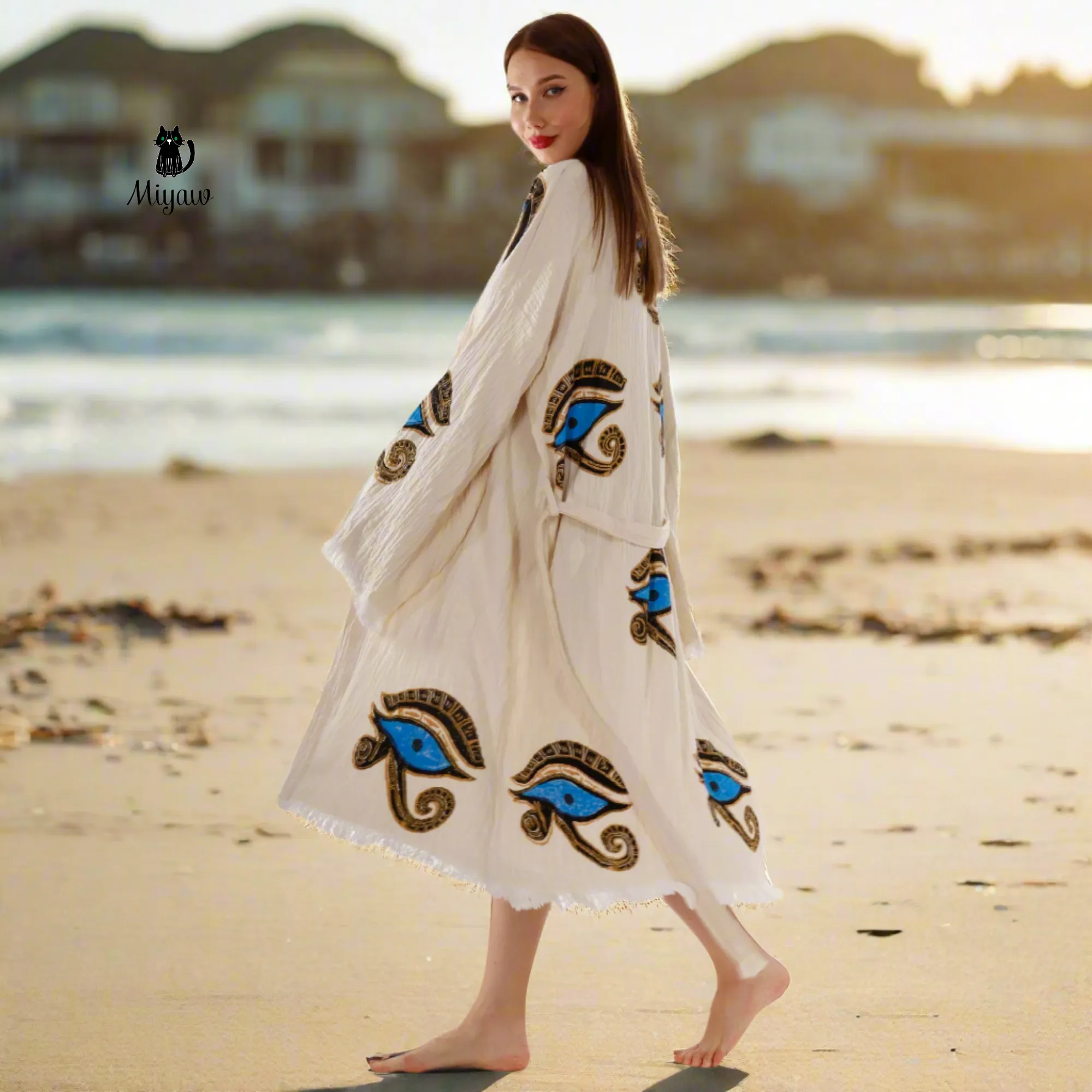 Handmade Eye of Horus Kimono Robe – Organic Cotton Boho Chic sold by Miyaw Fashion