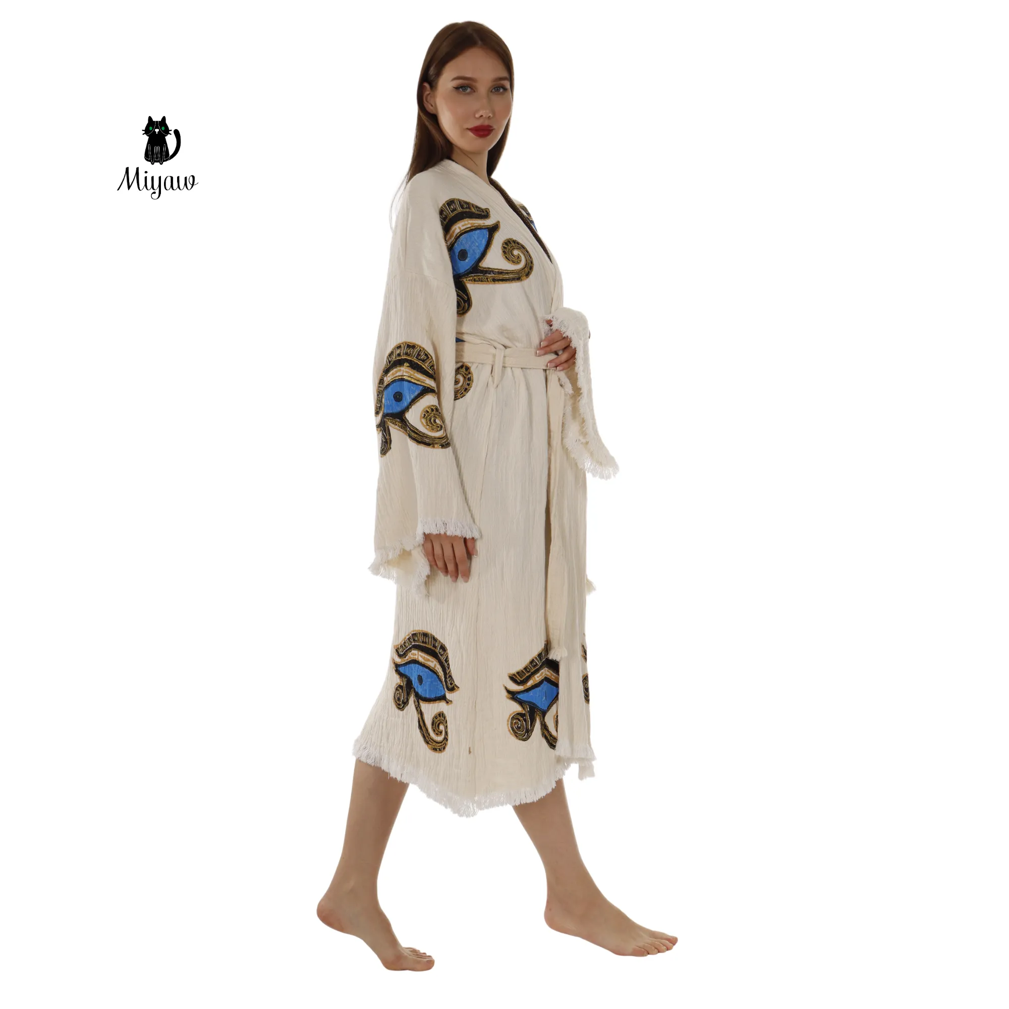 Handmade Eye of Horus Kimono Robe – Organic Cotton Boho Chic sold by Miyaw Fashion product image thumbnail 4
