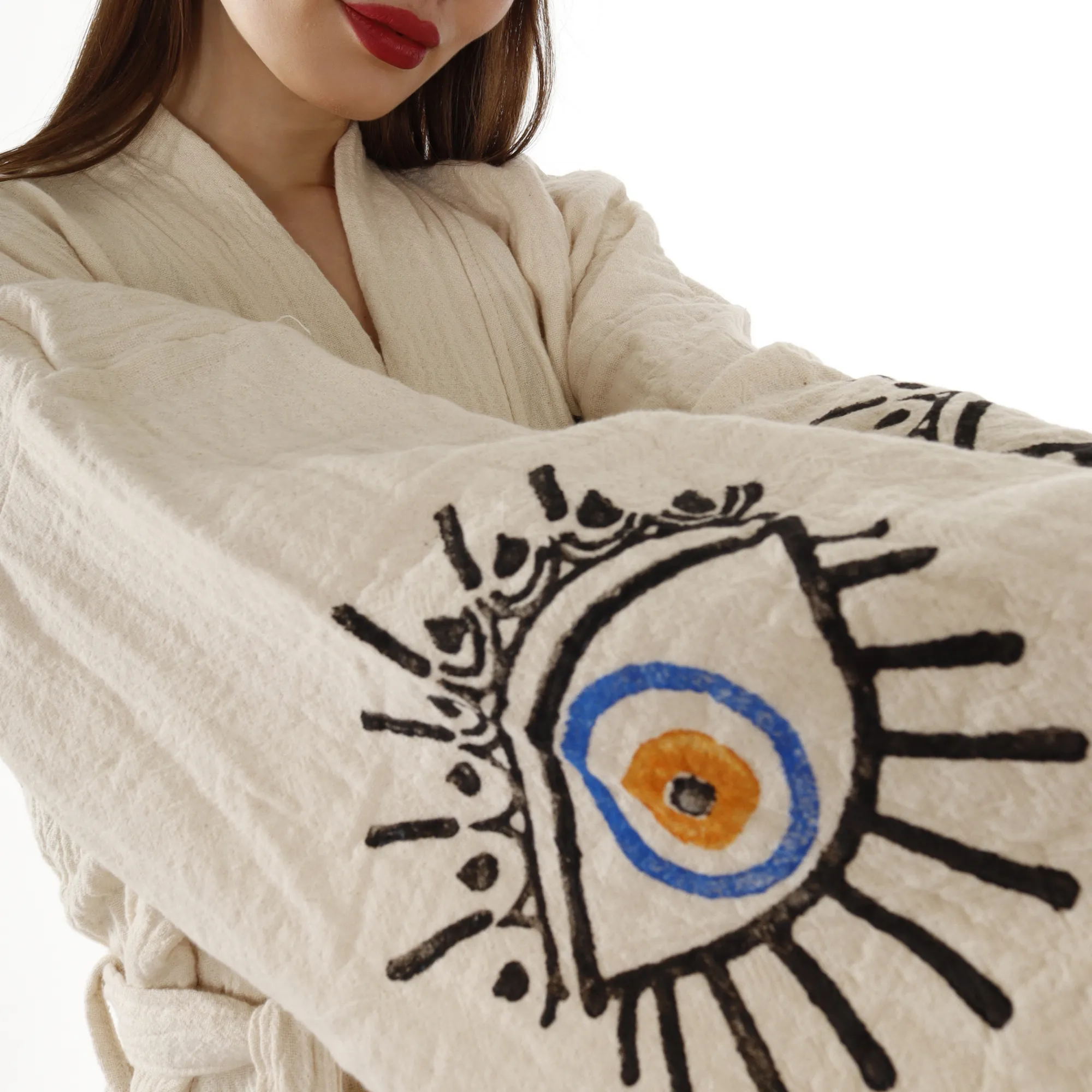 Handmade Beige Evil Eye Kimono Robe – Cotton Boho Wear sold by Miyaw Fashion product image thumbnail 2