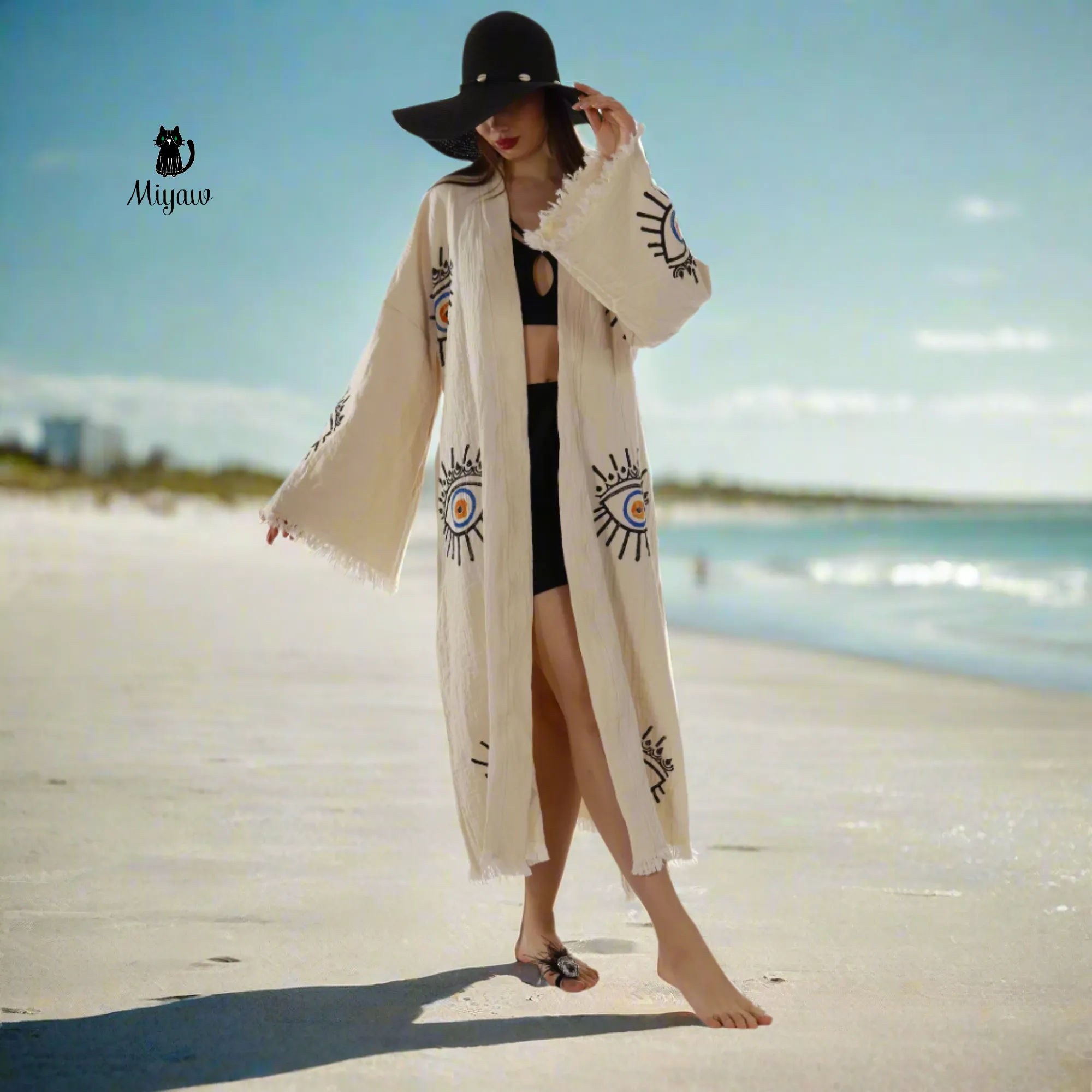 Handmade Beige Evil Eye Kimono Robe – Cotton Boho Wear sold by Miyaw Fashion