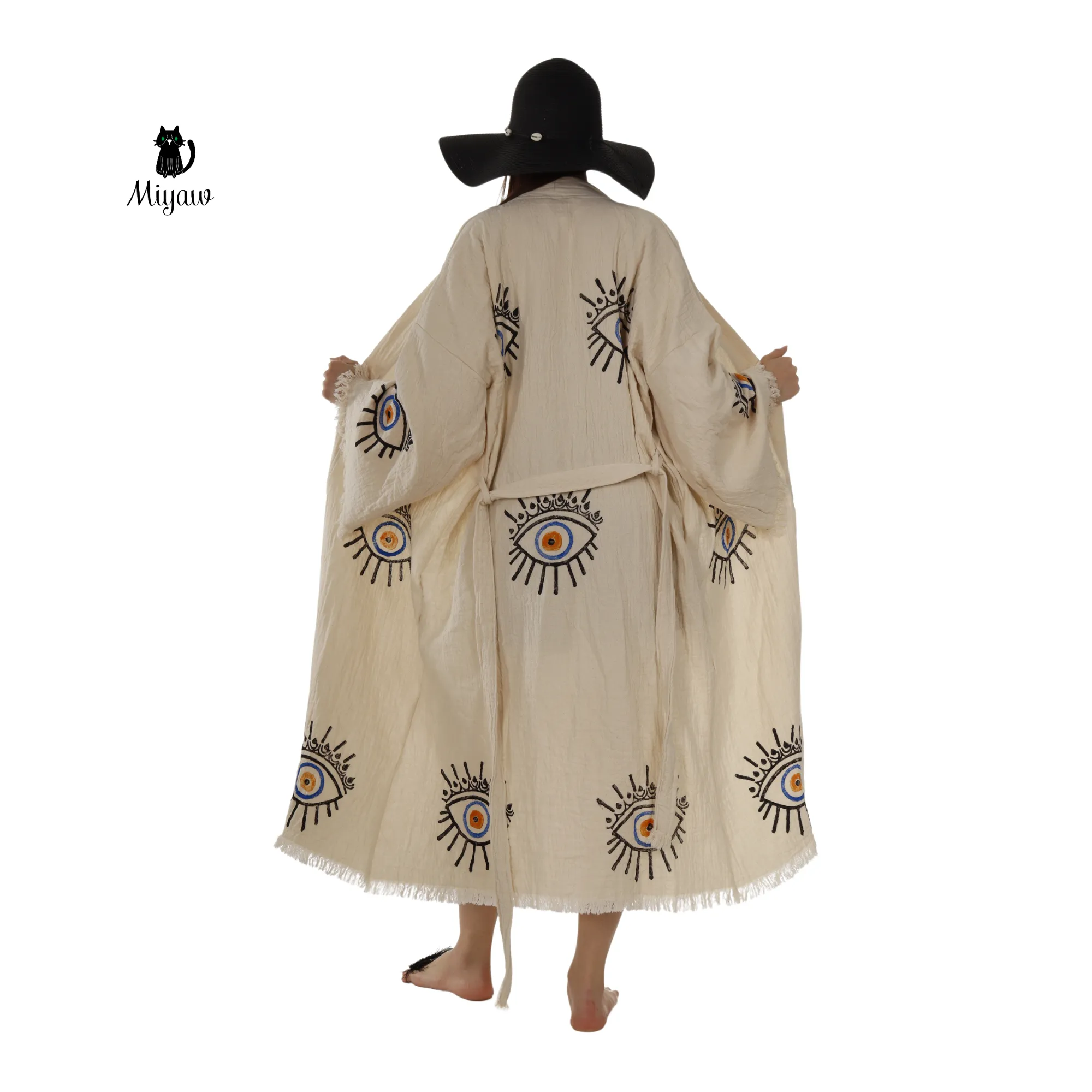 Handmade Beige Evil Eye Kimono Robe – Cotton Boho Wear sold by Miyaw Fashion product image thumbnail 3