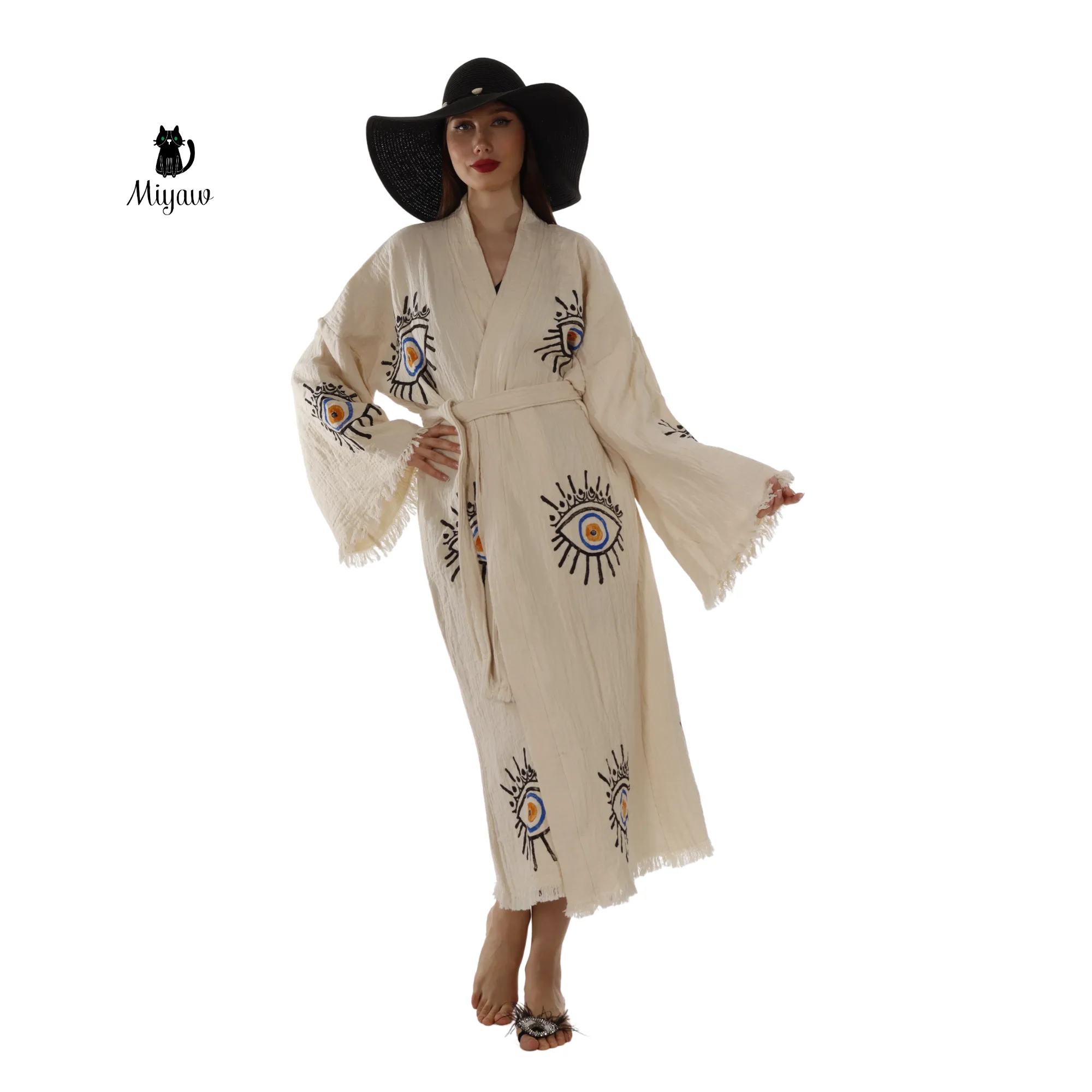 Handmade Beige Evil Eye Kimono Robe – Cotton Boho Wear sold by Miyaw Fashion product image thumbnail 4